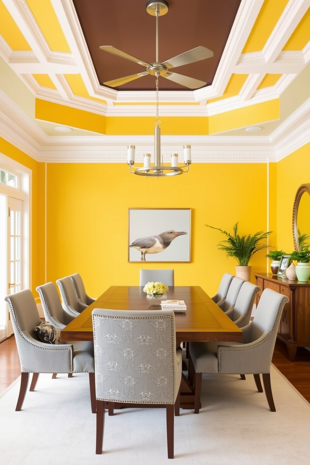 Bright yellow walls with white trim create a vibrant and inviting atmosphere in the dining room. A large wooden dining table is centered in the space, surrounded by upholstered chairs in a complementary soft gray fabric. Above the table, a modern chandelier with a brushed nickel finish adds a touch of elegance. The floor is adorned with a light-colored area rug that ties the room together, while a sideboard against one wall showcases decorative dishware and a few potted plants.