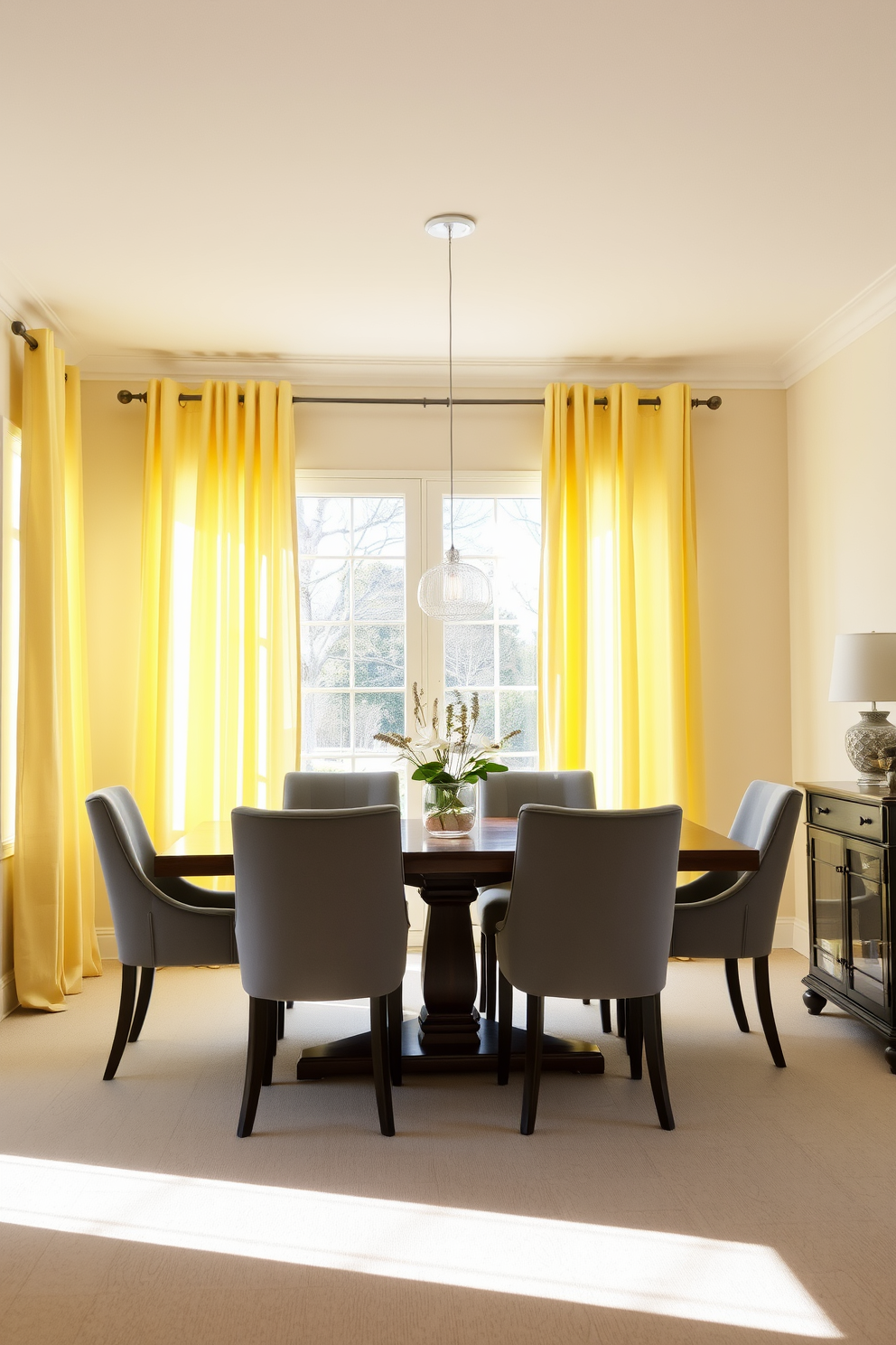 A bright and inviting dining room features light yellow curtains that flutter gently in the breeze, creating an airy atmosphere. The walls are painted in a soft cream color, complementing a beautiful wooden dining table surrounded by stylish upholstered chairs in a muted gray tone.