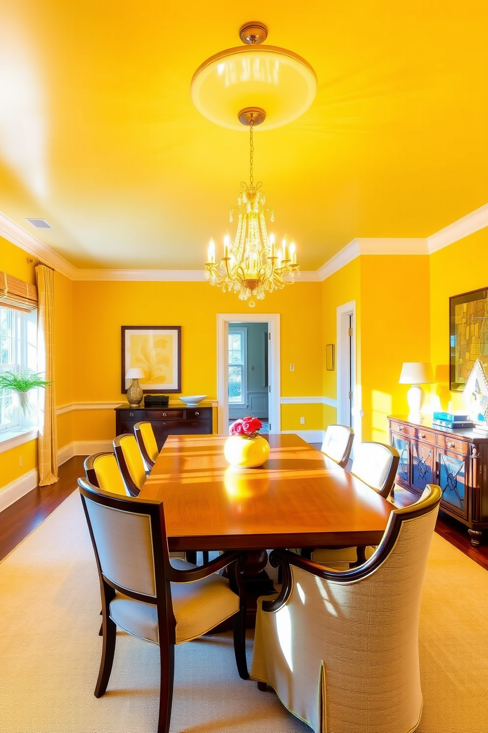 A vibrant yellow dining room filled with natural light. The space features a large wooden dining table surrounded by elegant upholstered chairs, complemented by a stunning chandelier that casts warm yellow tones throughout the room. The walls are painted in a cheerful shade of yellow, creating a welcoming atmosphere. A stylish sideboard against one wall displays decorative items and serves as a functional space for serving meals.