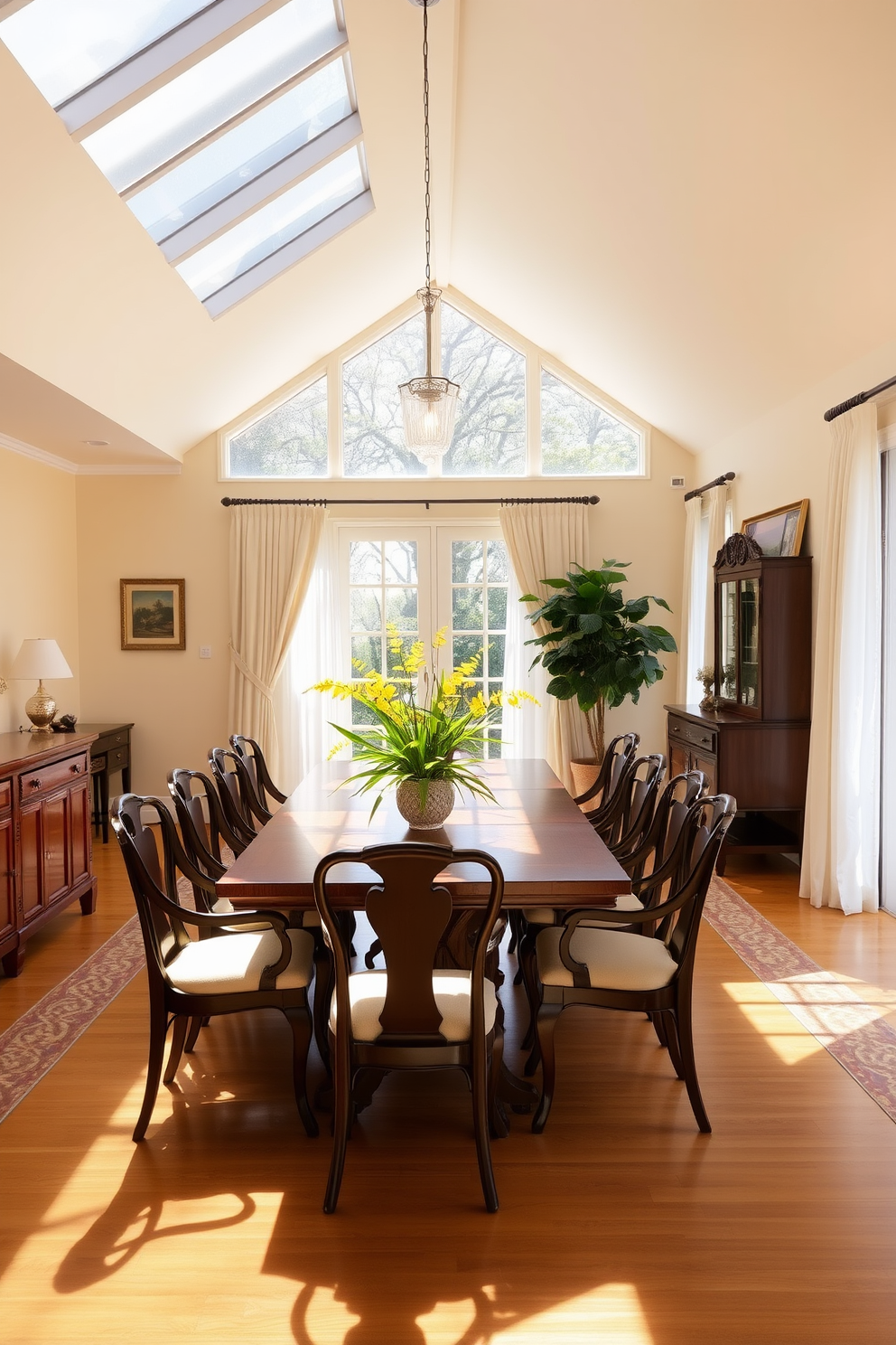 A vibrant dining room filled with natural light. The space features a large wooden table surrounded by elegant chairs, with a centerpiece of yellow and green plants for freshness. The walls are painted in a soft cream color, enhancing the warmth of the room. Large windows draped with sheer curtains allow sunlight to filter in, creating an inviting atmosphere.