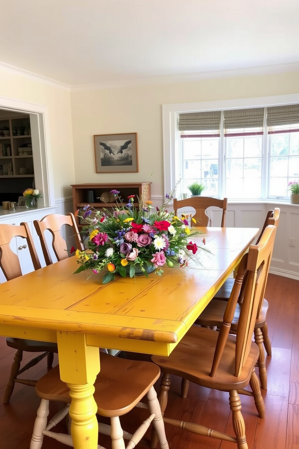 A rustic yellow farmhouse table is adorned with a vibrant centerpiece featuring a mix of fresh wildflowers in a variety of colors. The table is surrounded by mismatched wooden chairs, each with its own unique character, creating a warm and inviting atmosphere. The walls of the dining room are painted in a soft cream hue, complementing the yellow tones of the table. Natural light streams in through large windows, illuminating the space and enhancing the cozy farmhouse feel.