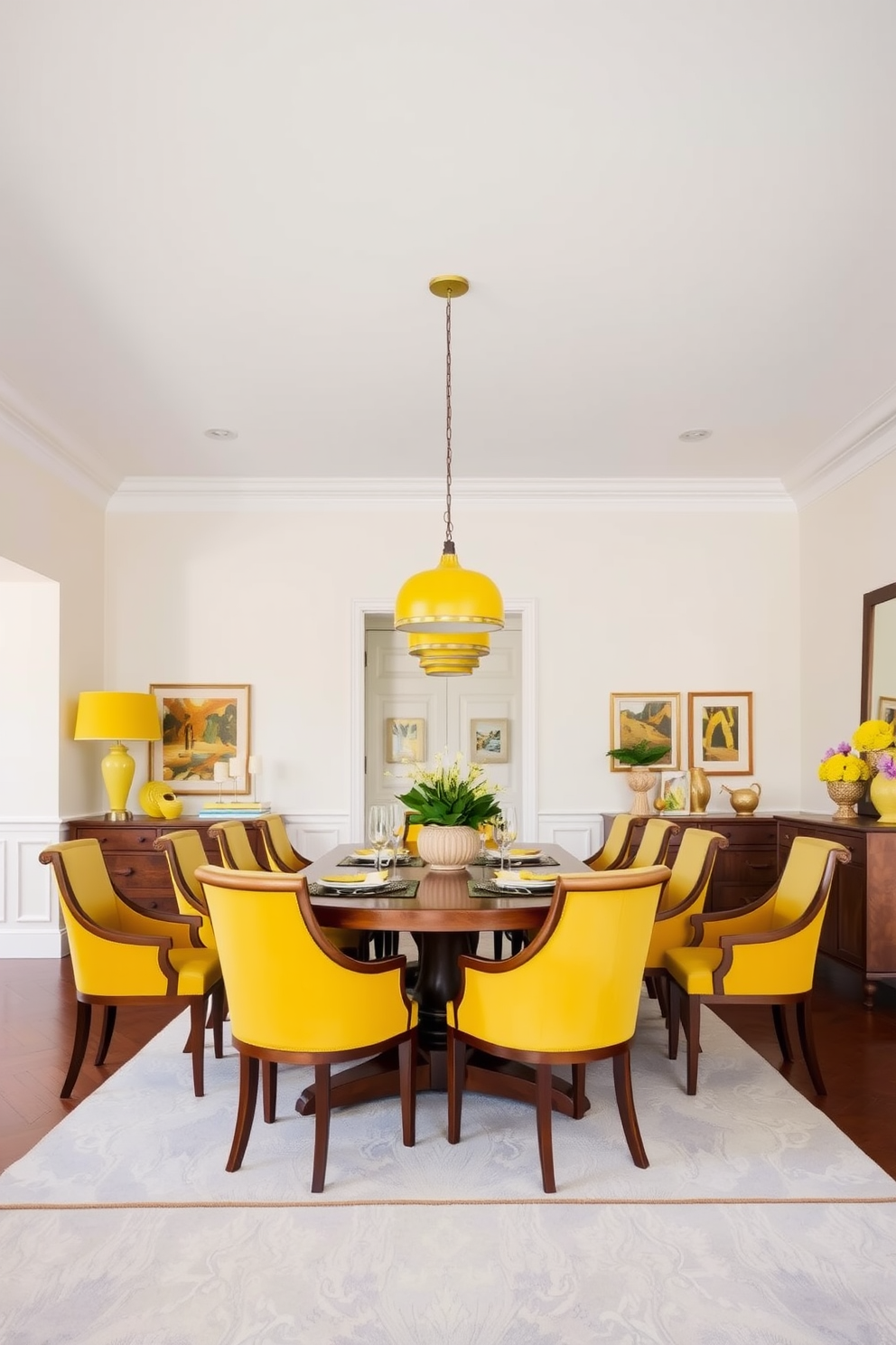 A bright and inviting dining room features a large wooden dining table surrounded by elegant upholstered chairs. Above the table, yellow pendant lights hang gracefully, adding a pop of color and warmth to the space. The walls are painted in a soft cream hue, creating a perfect backdrop for vibrant yellow accents throughout the room. A stylish buffet table against one wall showcases decorative items and complements the cheerful atmosphere.