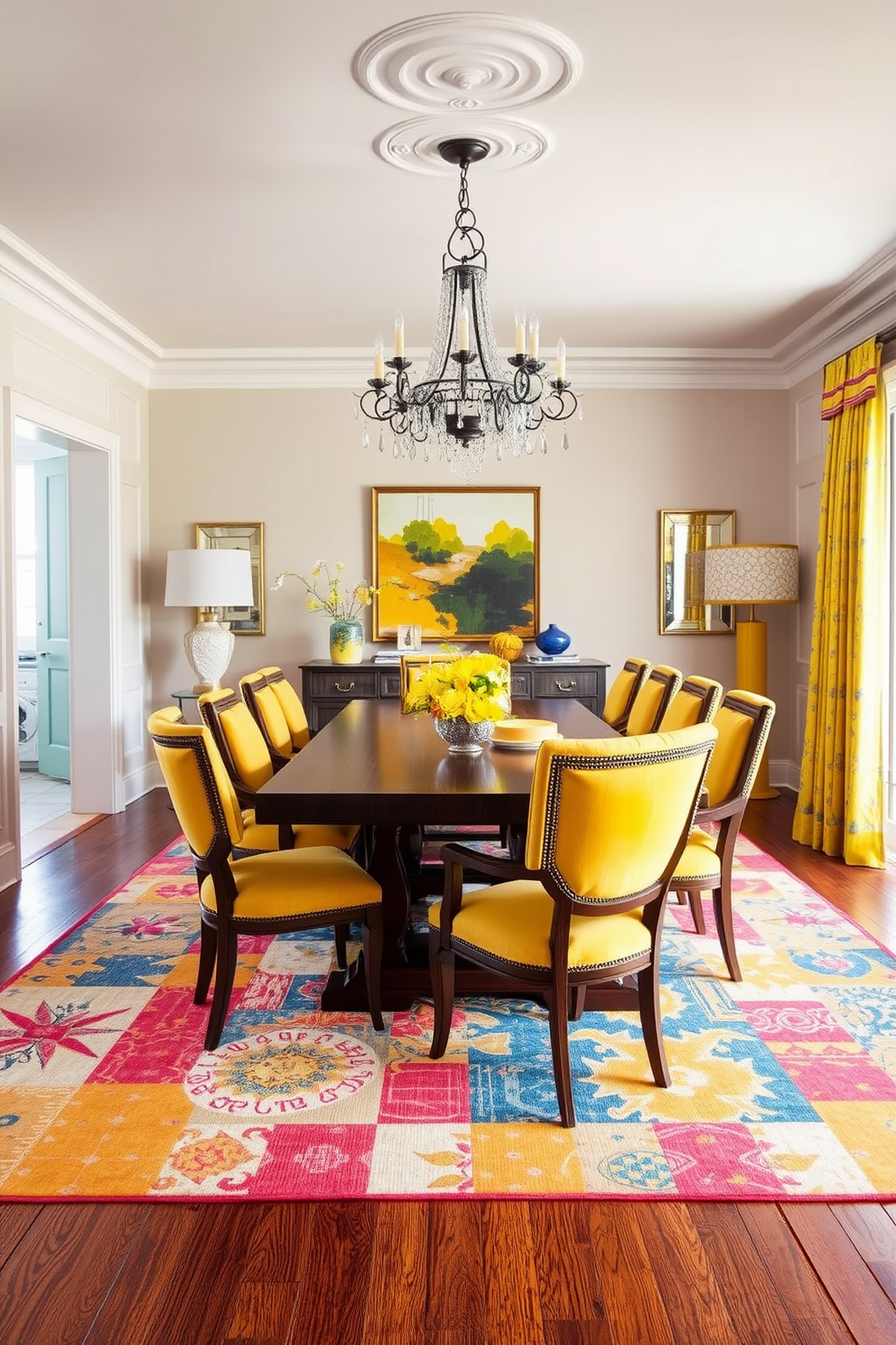 A vibrant dining room with layered textures featuring a mix of fabrics and materials. The space is anchored by a large wooden dining table surrounded by chairs adorned with yellow cushions, creating a cheerful and inviting atmosphere. The walls are painted in a soft neutral tone to enhance the brightness of the yellow accents. A statement chandelier hangs above the table, adding elegance to the overall design while a colorful area rug ties the room together.