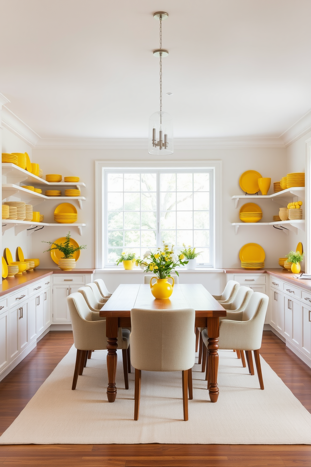 A bright and cheerful dining room featuring open shelving adorned with vibrant yellow dishware. The walls are painted in a soft white, creating a fresh backdrop that enhances the sunny tones of the dishes. A large wooden dining table sits in the center, surrounded by comfortable chairs upholstered in a light fabric. Natural light floods the space through large windows, highlighting the playful decor and inviting atmosphere.