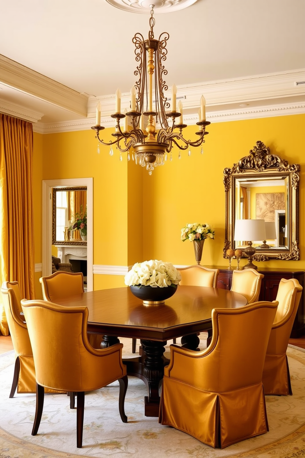 A luxurious dining room featuring yellow and gold decor elements. The walls are painted a soft yellow, complemented by a statement chandelier with gold accents hanging above a large wooden dining table. Surrounding the table are elegant upholstered chairs in a rich gold fabric. A large mirror with a gold frame reflects the warm tones, enhancing the room's sophistication.