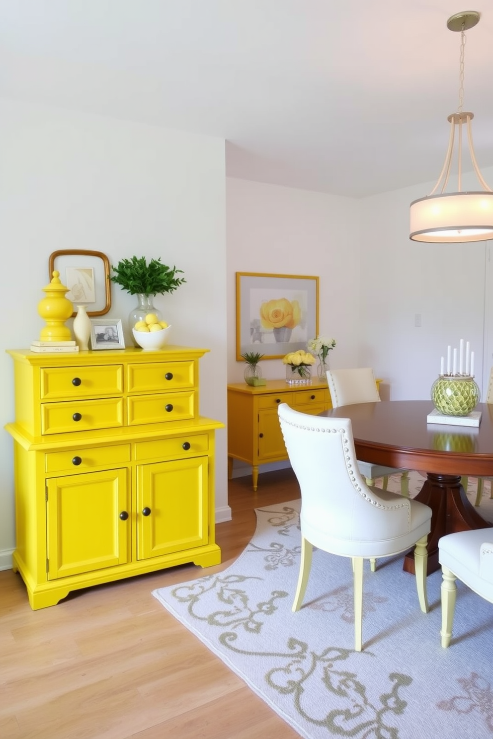 A bright yellow buffet table stands against the wall, providing ample storage space with its multiple drawers and shelves. The table is complemented by a vibrant yellow and white color scheme in the dining room, featuring coordinating chairs and decorative accents. The walls are painted in a soft white to enhance the brightness of the yellow furniture. A large, round dining table sits in the center, surrounded by stylish chairs that echo the cheerful color palette.