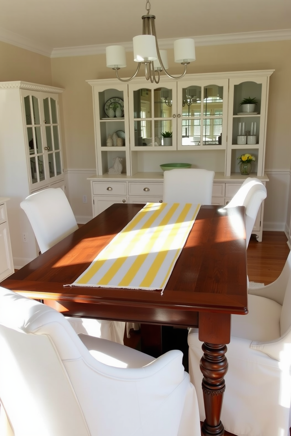 A bright and inviting dining room features a yellow and white striped table runner elegantly draped over a polished wooden dining table. Surrounding the table are upholstered chairs in a soft white fabric, creating a cheerful and cohesive look that enhances the room's sunny atmosphere.