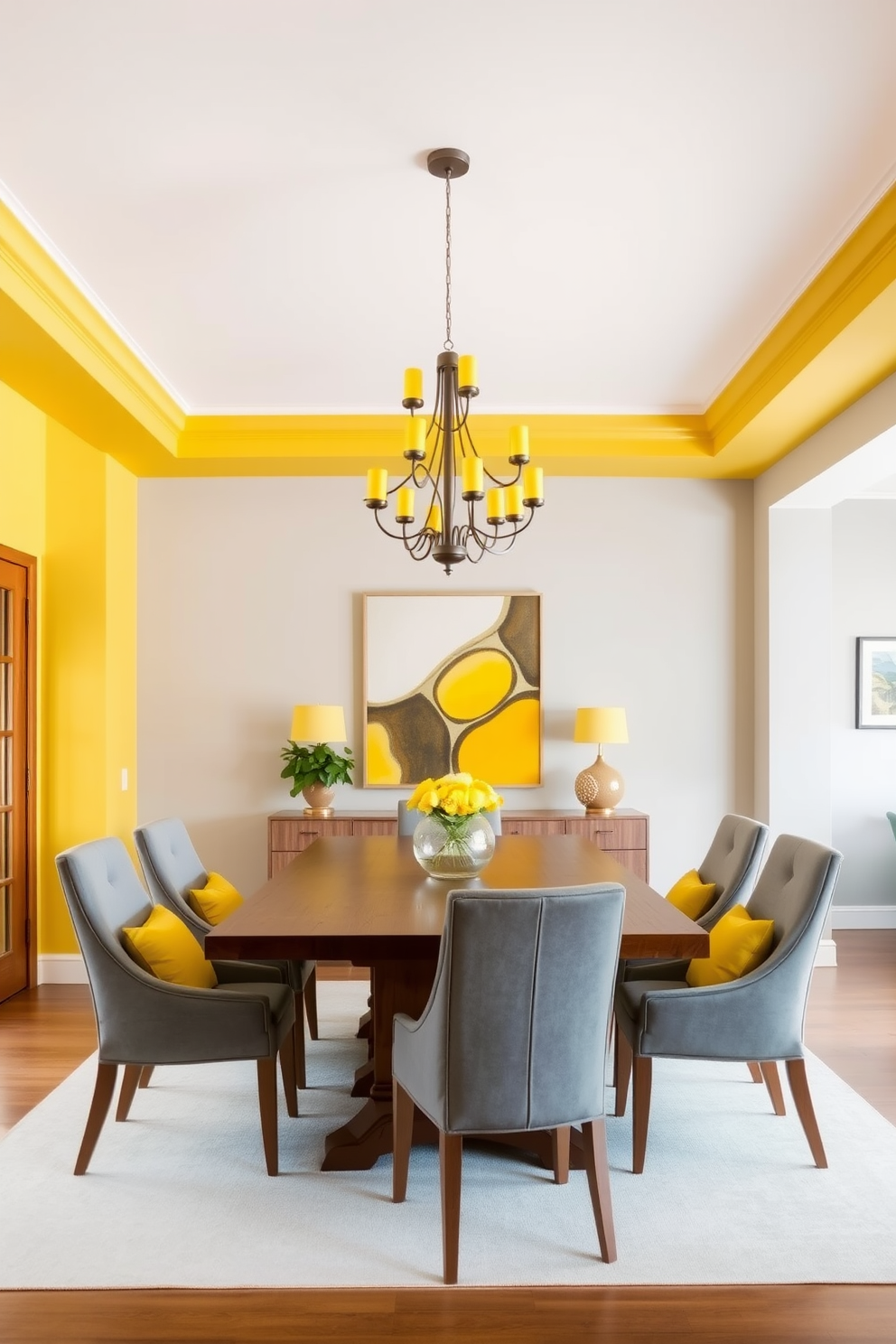 A bright and inviting dining room featuring a yellow and gray color scheme. The walls are painted a soft gray, while the ceiling showcases a vibrant yellow hue that adds warmth to the space. A large wooden dining table sits in the center, surrounded by sleek gray upholstered chairs with yellow cushions. A stylish chandelier with yellow accents hangs above the table, creating a focal point in the room.