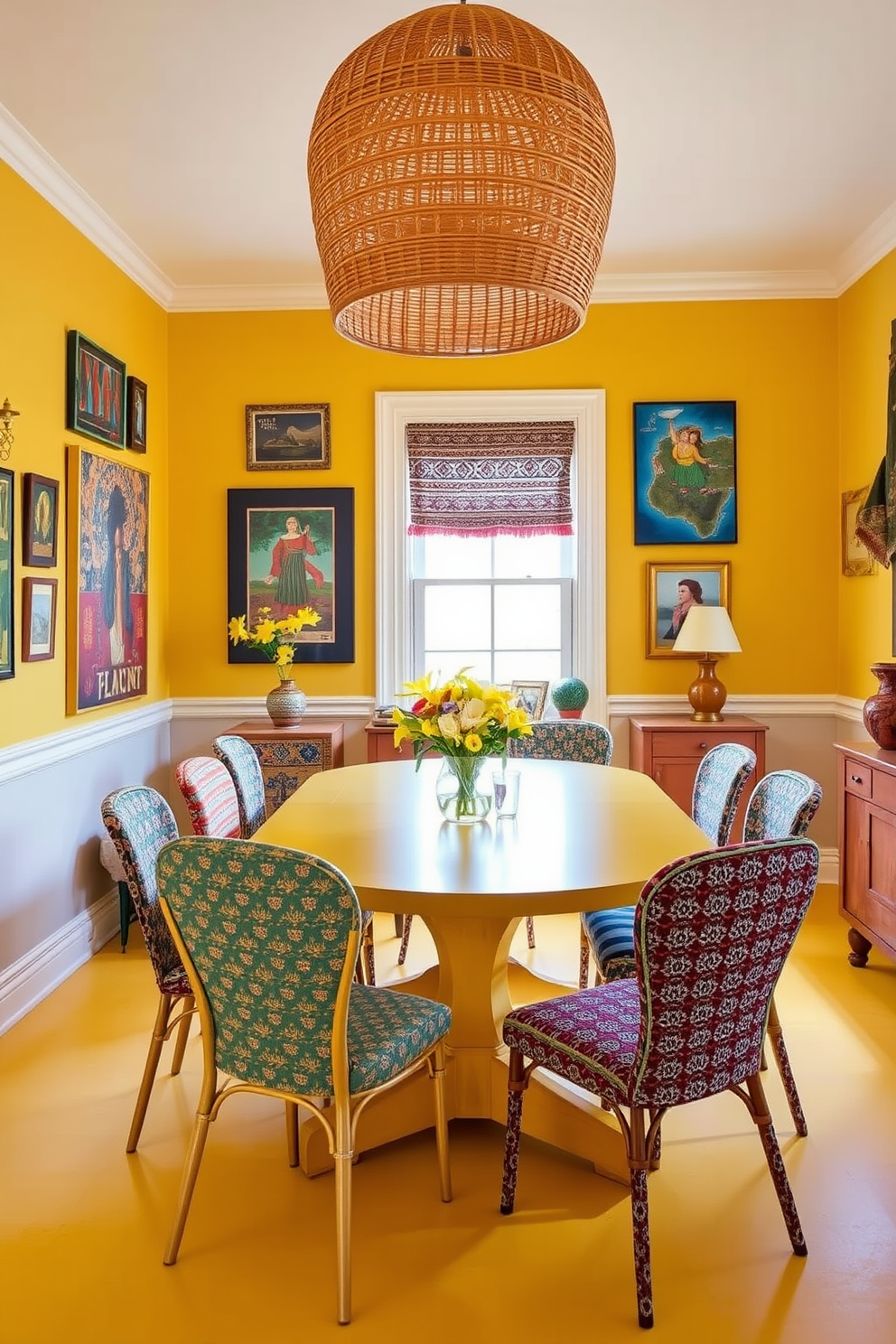 Eclectic yellow decor fills the dining room with a vibrant and inviting atmosphere. A bold yellow table is surrounded by mismatched chairs featuring patterns and textures from various cultures. The walls are adorned with colorful artwork and textiles that reflect global influences. A large, woven pendant light hangs above the table, casting a warm glow over the space.