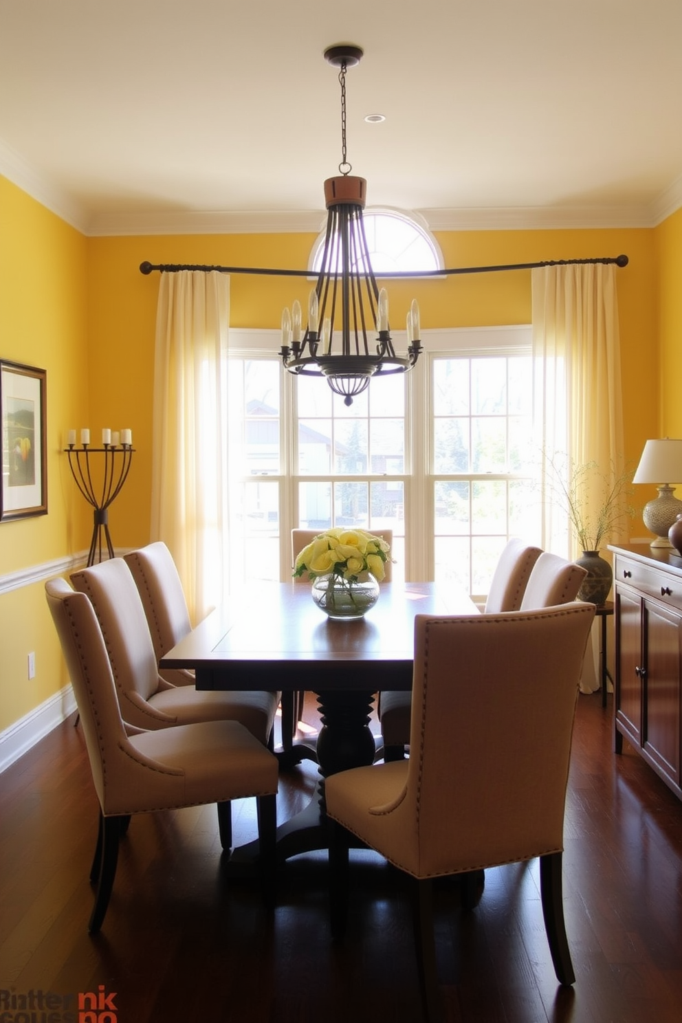 A cozy dining room filled with warm yellow tones creates an inviting atmosphere. The wooden dining table is surrounded by upholstered chairs in a soft beige fabric, enhancing the warmth of the space. Natural light floods the room through large windows adorned with light sheer curtains. A statement chandelier with wooden accents hangs above the table, casting a gentle glow over the dining area.