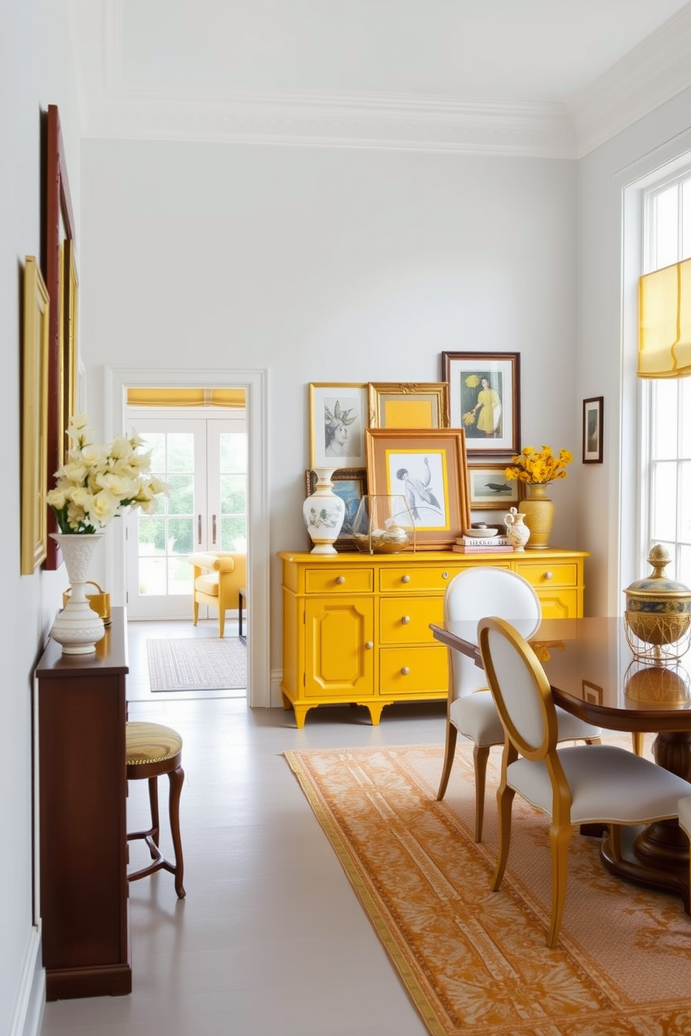 A charming yellow sideboard is positioned against the wall, adorned with a collection of decorative vases and framed artwork. The sideboard's vibrant hue contrasts beautifully with the soft white walls, creating a cheerful focal point in the room. The dining area features a stylish table surrounded by elegant chairs, all set against a backdrop of warm yellow accents. Natural light floods the space through large windows, enhancing the inviting atmosphere of this delightful dining room.