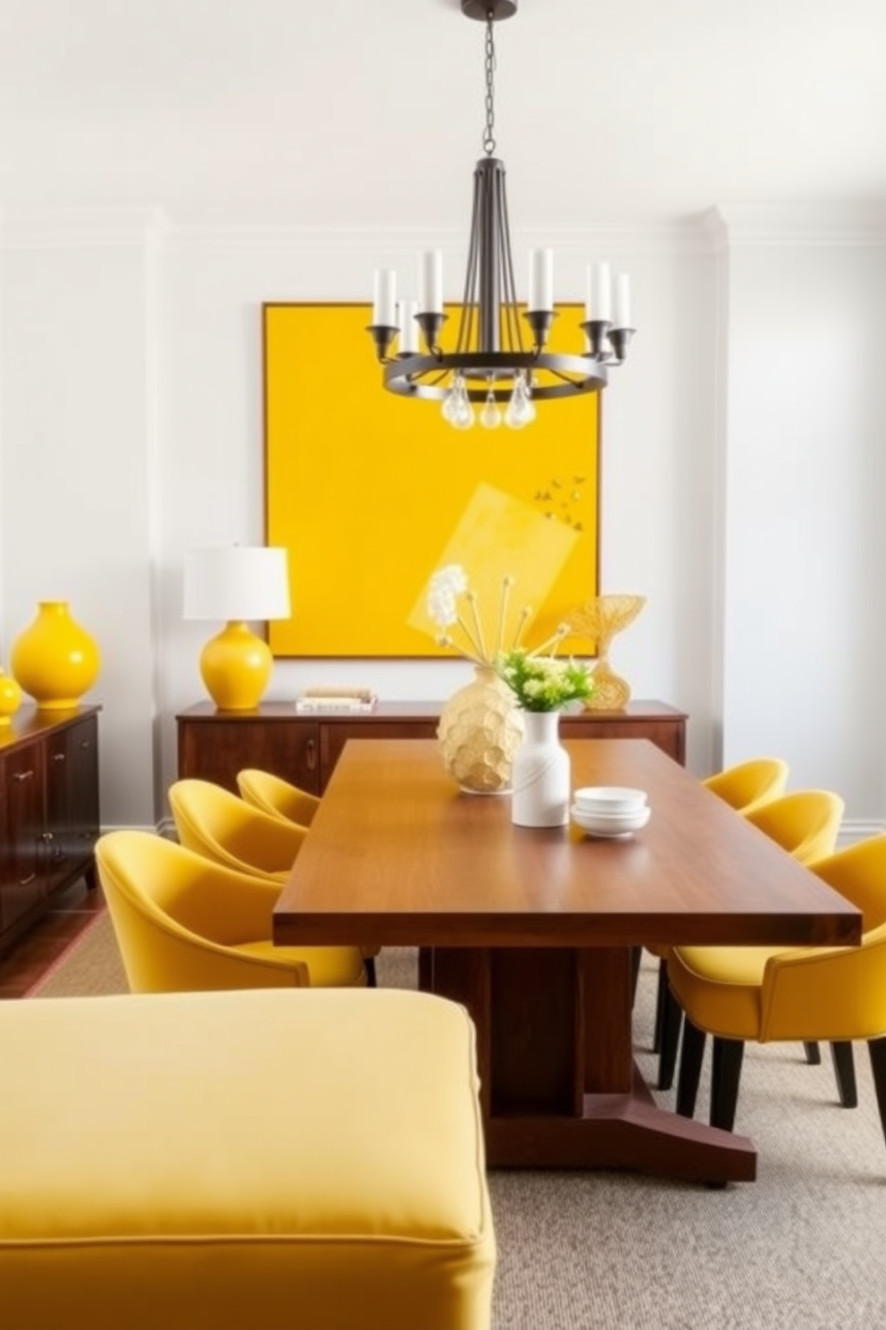 A bright and cheerful dining room featuring yellow artwork that adds a vibrant touch to the space. The walls are painted in a soft white, creating a fresh backdrop for the bold yellow accents throughout the room. A large wooden dining table sits at the center, surrounded by stylish chairs upholstered in a complementary shade of yellow. A statement chandelier hangs above, providing warm lighting that enhances the inviting atmosphere.