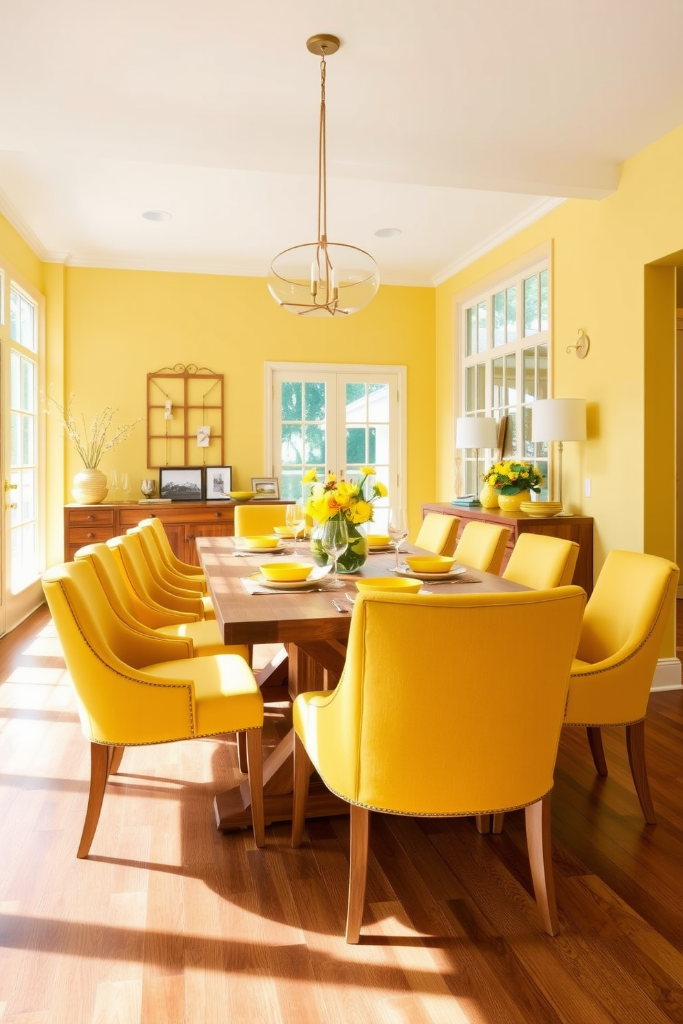 A bright and inviting dining room features a large wooden table with a natural finish surrounded by yellow upholstered chairs. The walls are painted in a soft yellow hue, complemented by wooden accents in the light fixtures and decor. A stylish sideboard made of reclaimed wood stands against one wall, adorned with vibrant yellow tableware and fresh flowers. Large windows let in plenty of natural light, enhancing the cheerful atmosphere of the space.