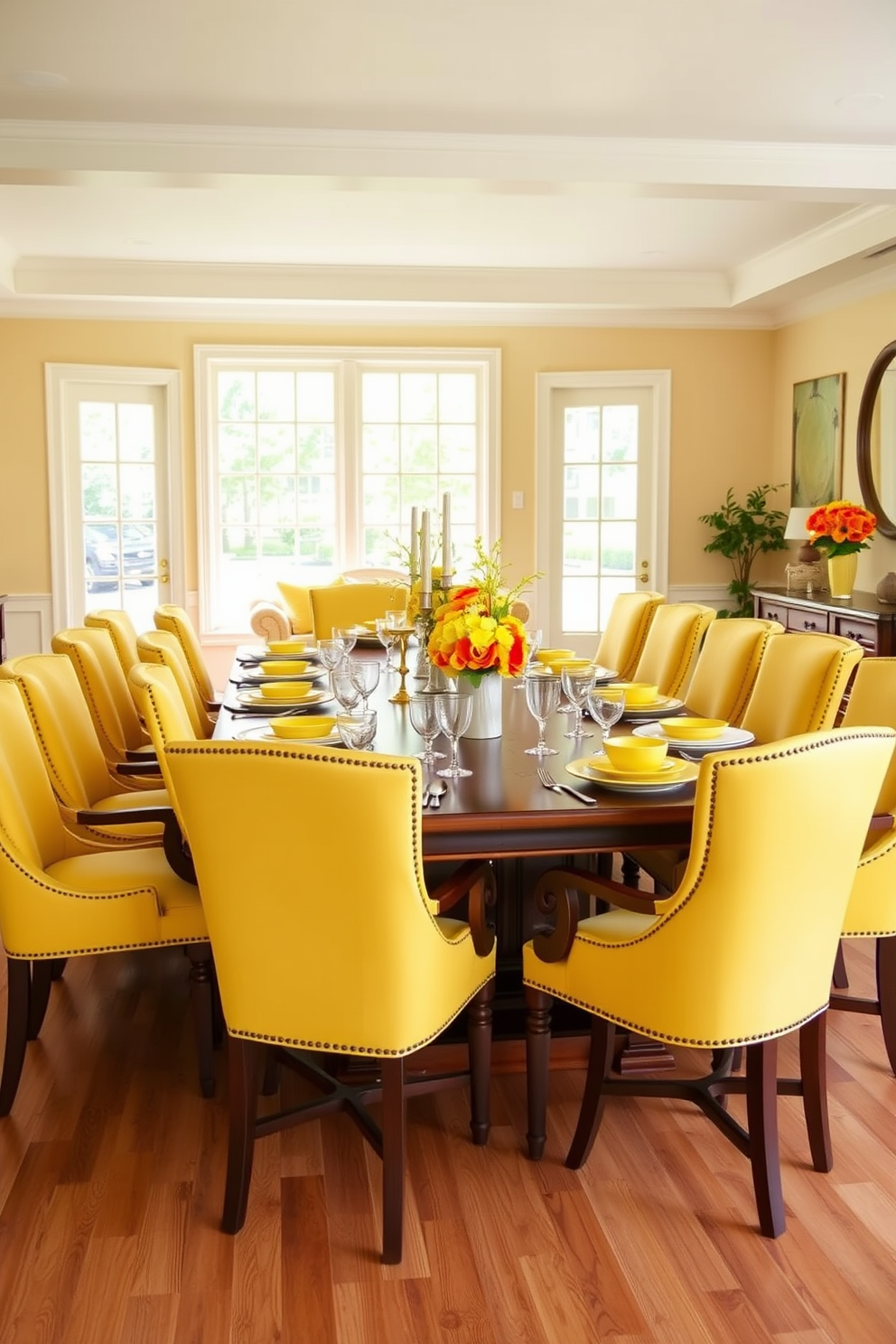 A bright and airy dining room featuring a large wooden table surrounded by yellow upholstered chairs. The table is set with cheerful yellow dinnerware, complemented by vibrant floral centerpieces and soft white linens. The walls are painted in a soft cream color, enhancing the warmth of the yellow accents. Large windows allow natural light to flood the space, creating an inviting atmosphere perfect for gatherings.