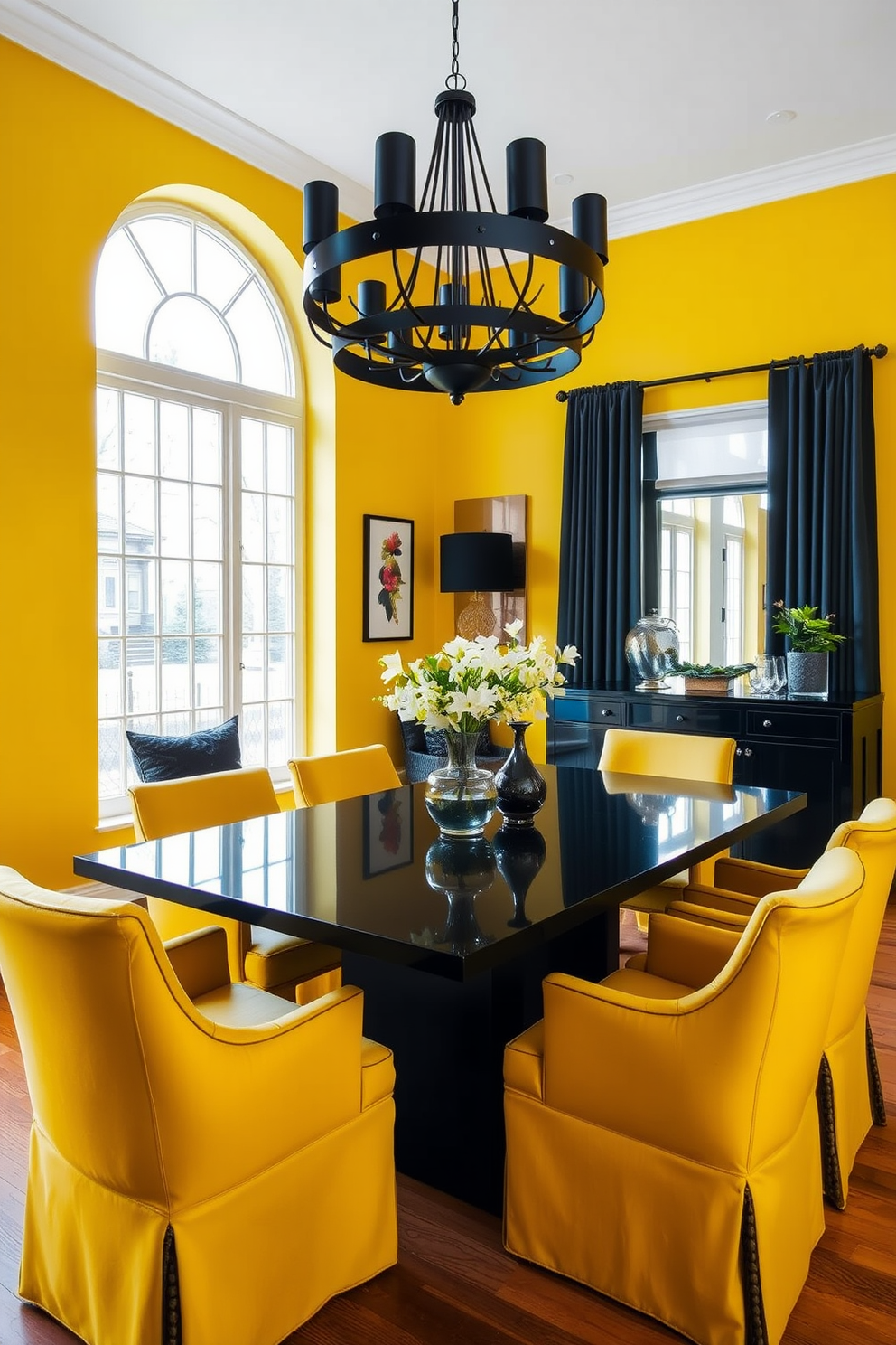 A vibrant dining room featuring bold yellow walls complemented by black accents throughout the space. The centerpiece is a sleek black dining table surrounded by yellow upholstered chairs, creating a striking visual contrast. Large windows allow natural light to flood the room, enhancing the cheerful yellow tones. A statement black chandelier hangs above the table, adding elegance and drama to the atmosphere.