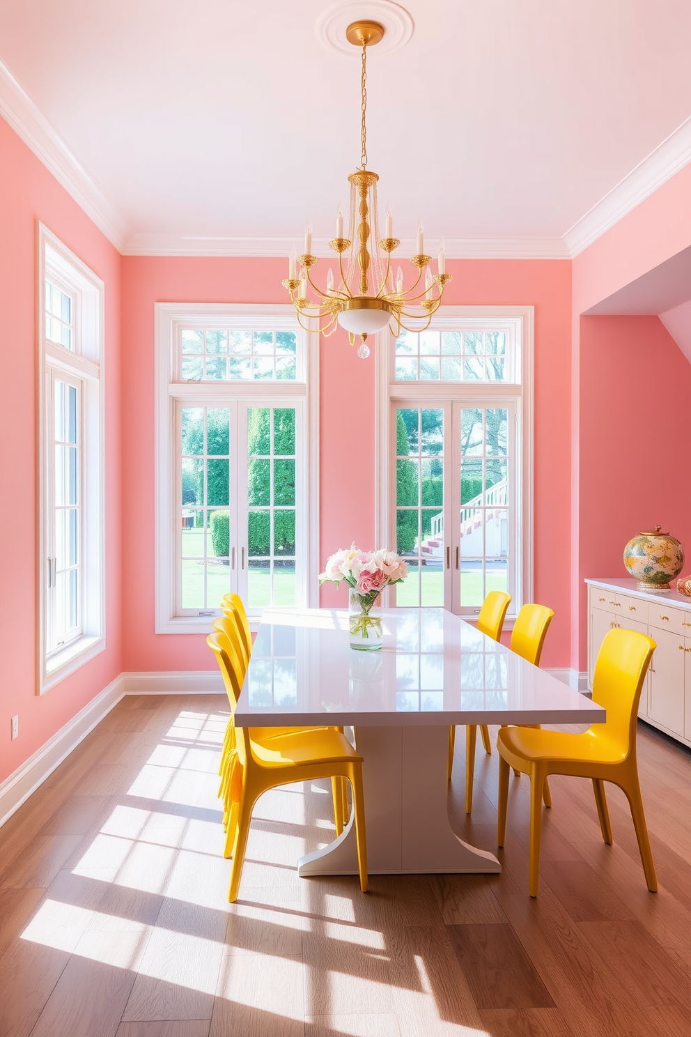 A bright and inviting dining room featuring walls painted in a soft pastel pink. The room is accented with vibrant yellow dining chairs around a sleek white table, creating a cheerful and modern atmosphere. Large windows allow natural light to flood the space, enhancing the warm color palette. A statement chandelier in a gold finish hangs above the table, adding elegance and charm to the setting.