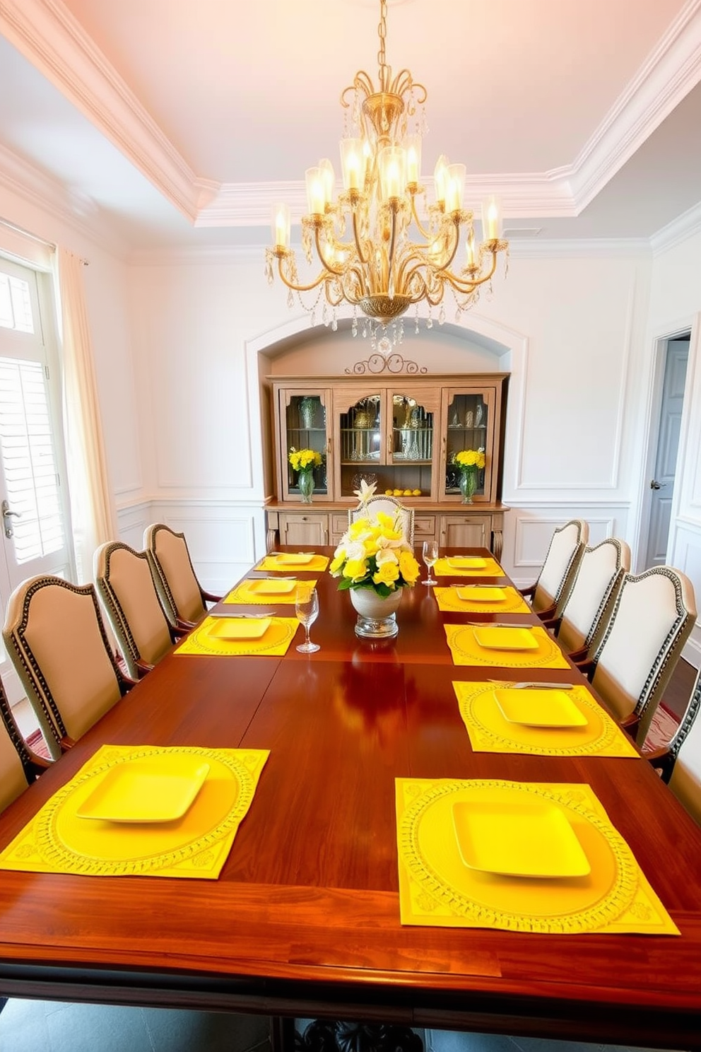 A bright and cheerful dining room features a large wooden table surrounded by elegant upholstered chairs. The table is set with vibrant yellow placemats that add a pop of color against the neutral tableware. The walls are painted in a soft white, creating a fresh and airy atmosphere. A stunning chandelier hangs above the table, casting warm light that complements the cheerful yellow accents throughout the space.