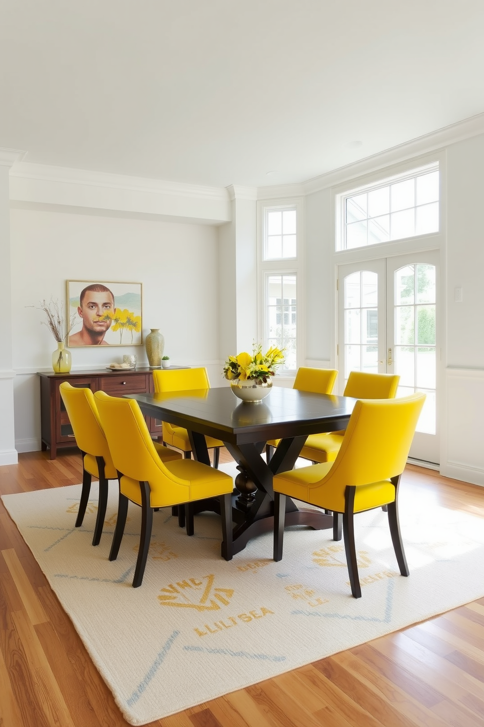 A bright and inviting dining room features a dark wooden table surrounded by vibrant yellow chairs that add a pop of color. The walls are painted in a soft white, enhancing the warmth of the yellow and creating a cheerful atmosphere. Natural light streams in through large windows, illuminating the space and highlighting a stylish centerpiece on the table. The floor is adorned with a light-colored area rug that complements the overall design while providing a cozy feel.