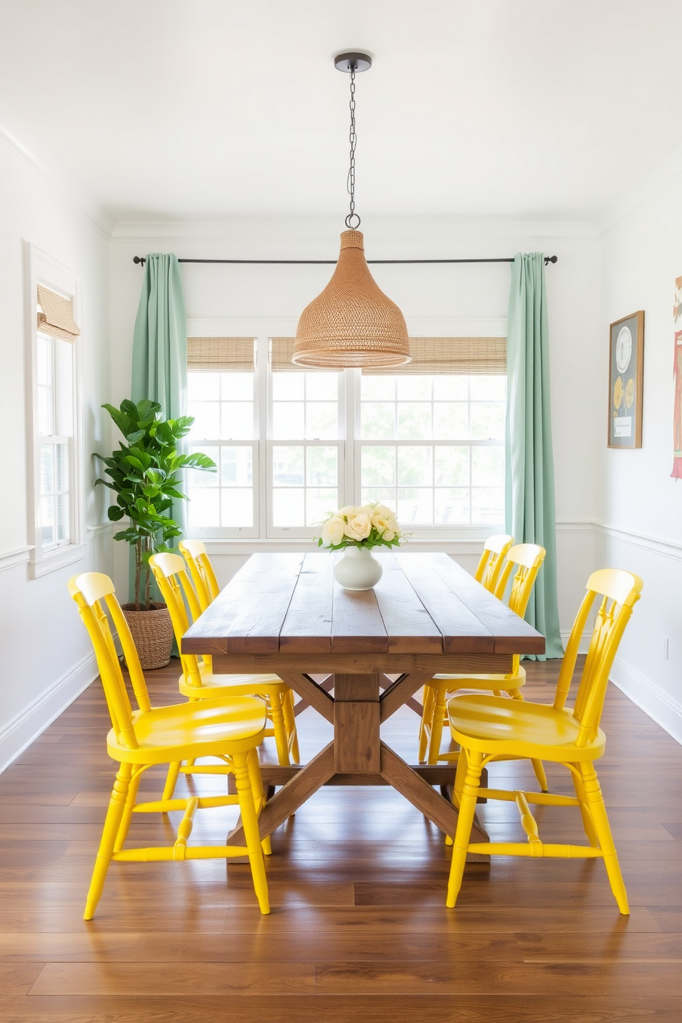 A bright and cheerful dining room featuring sunshine yellow dining chairs surrounding a rustic wood table. The walls are painted in a soft white, creating a fresh and inviting atmosphere.