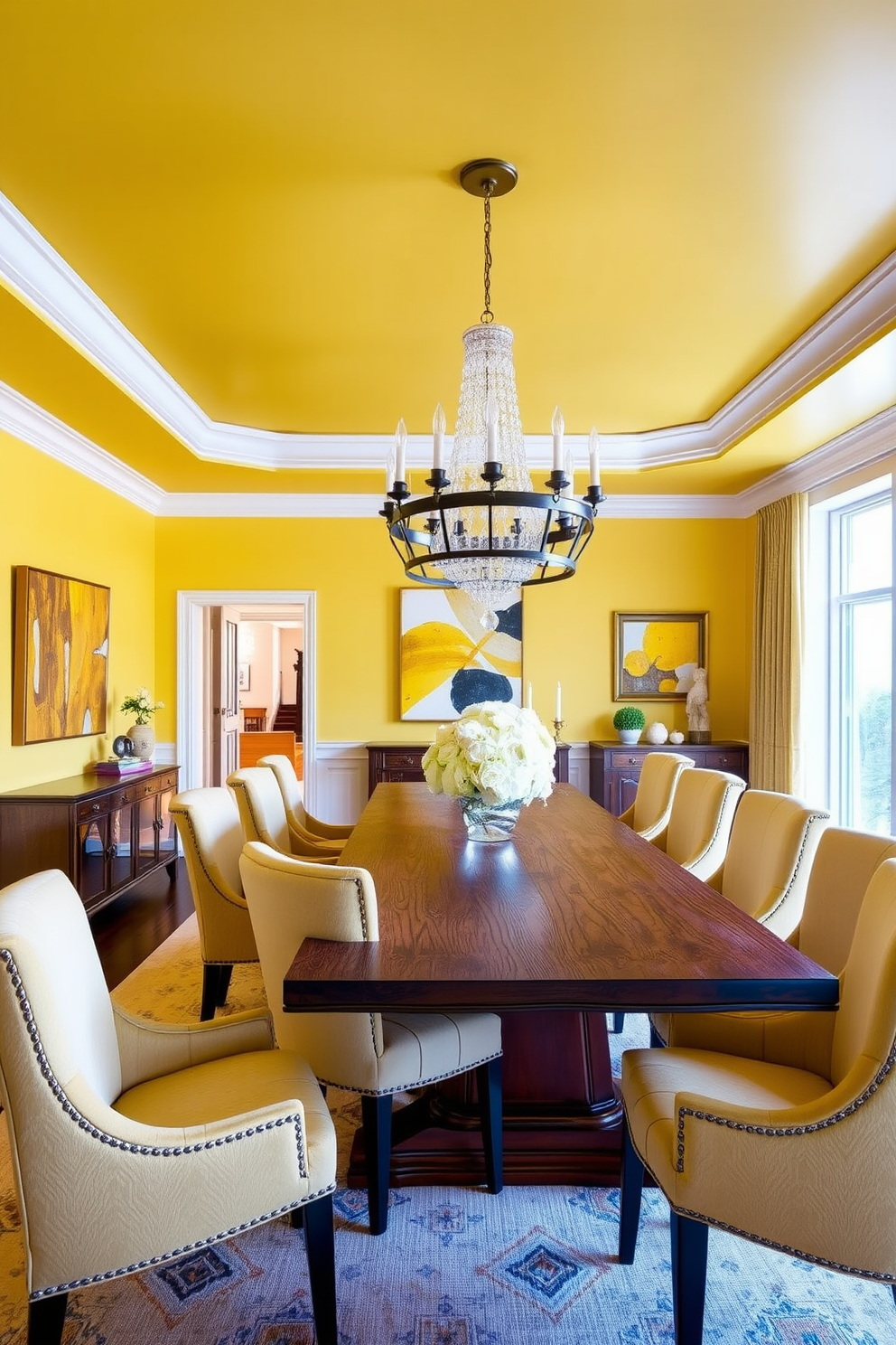 Bright yellow ceiling for unique design. The dining room features a large wooden table surrounded by plush upholstered chairs in a complementary shade. A statement chandelier hangs from the ceiling, adding elegance and warmth to the space. The walls are adorned with artwork that incorporates hints of yellow and gold, enhancing the overall theme.