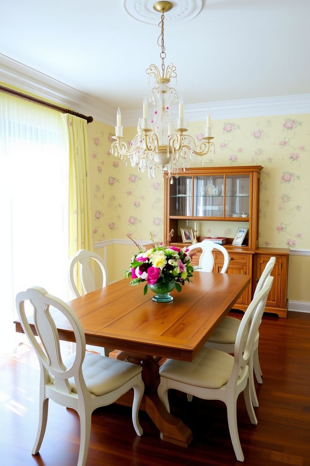 A bright and inviting dining room features soft pastel yellow walls adorned with delicate floral wallpaper. A rustic wooden dining table is surrounded by elegant white chairs, creating a warm and welcoming atmosphere. Above the table, a stunning chandelier with floral accents adds a touch of sophistication. The room is completed with a vibrant centerpiece of fresh flowers and soft, natural light streaming in through sheer curtains.