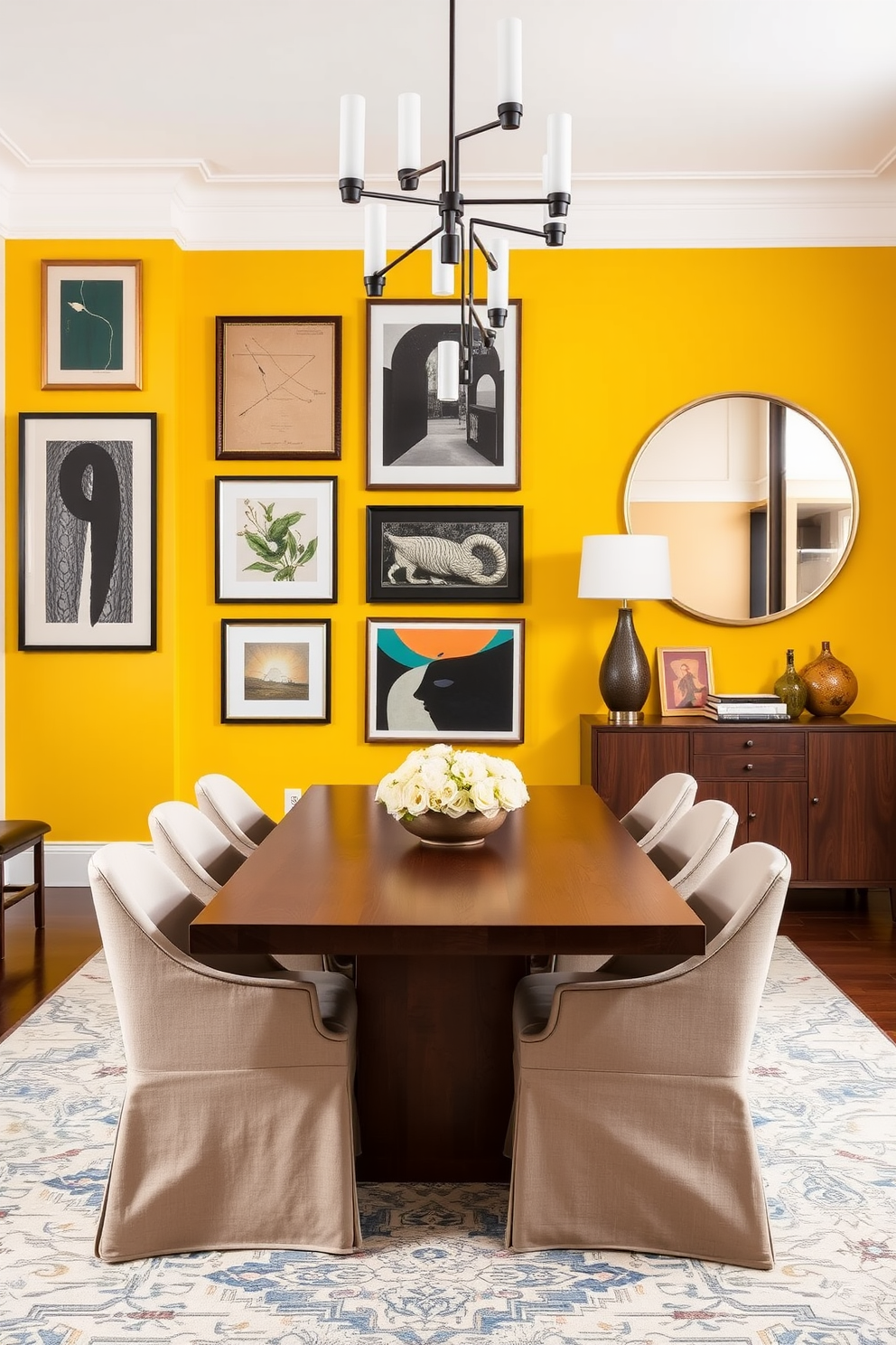 A vibrant dining room featuring a bold yellow feature wall adorned with contemporary art pieces. The room includes a sleek wooden dining table surrounded by elegant upholstered chairs in a neutral tone.