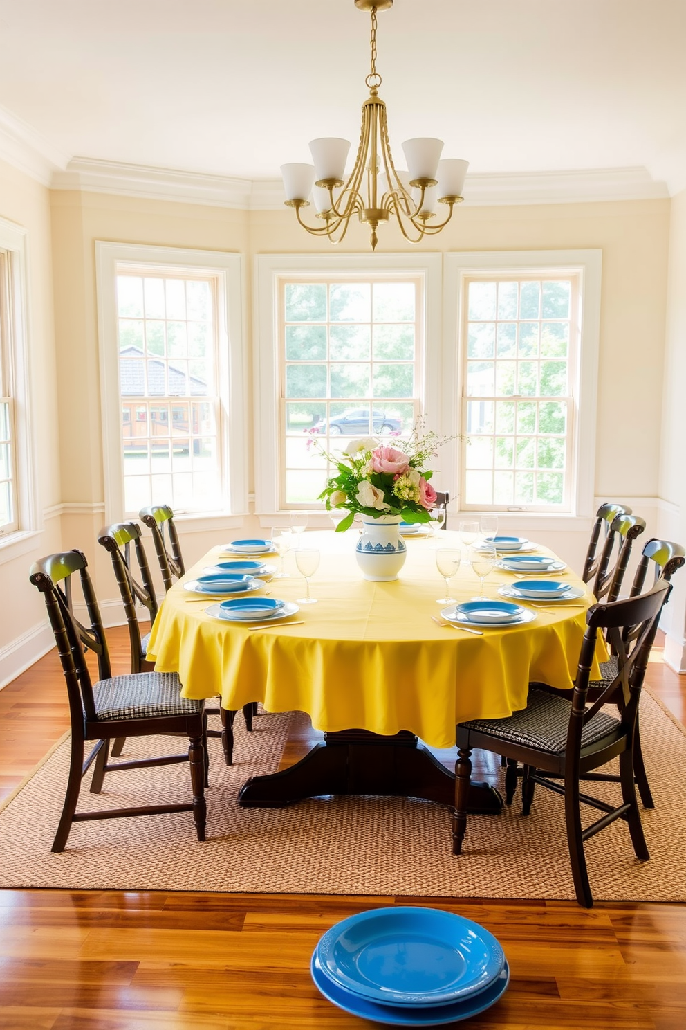 A bright dining room featuring a yellow tablecloth draped elegantly over a wooden dining table. The table is set with contrasting blue and white plates, creating a vibrant and inviting atmosphere. The walls are painted in a soft cream color, enhancing the warmth of the yellow. Large windows allow natural light to flood the space, highlighting the cheerful decor and floral centerpieces.