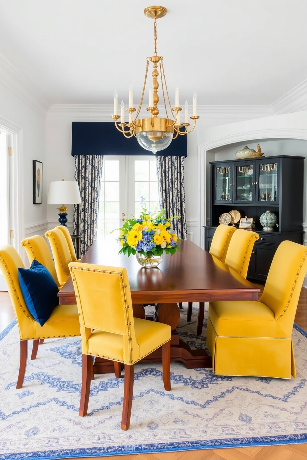 A bright and inviting dining room featuring a large wooden table surrounded by comfortable chairs upholstered in yellow fabric. The walls are painted in a soft white, while navy blue accents are introduced through a stylish rug and decorative curtains. A statement chandelier with gold fixtures hangs above the table, adding elegance to the space. On the table, a vibrant floral centerpiece in shades of yellow and blue complements the overall color scheme.