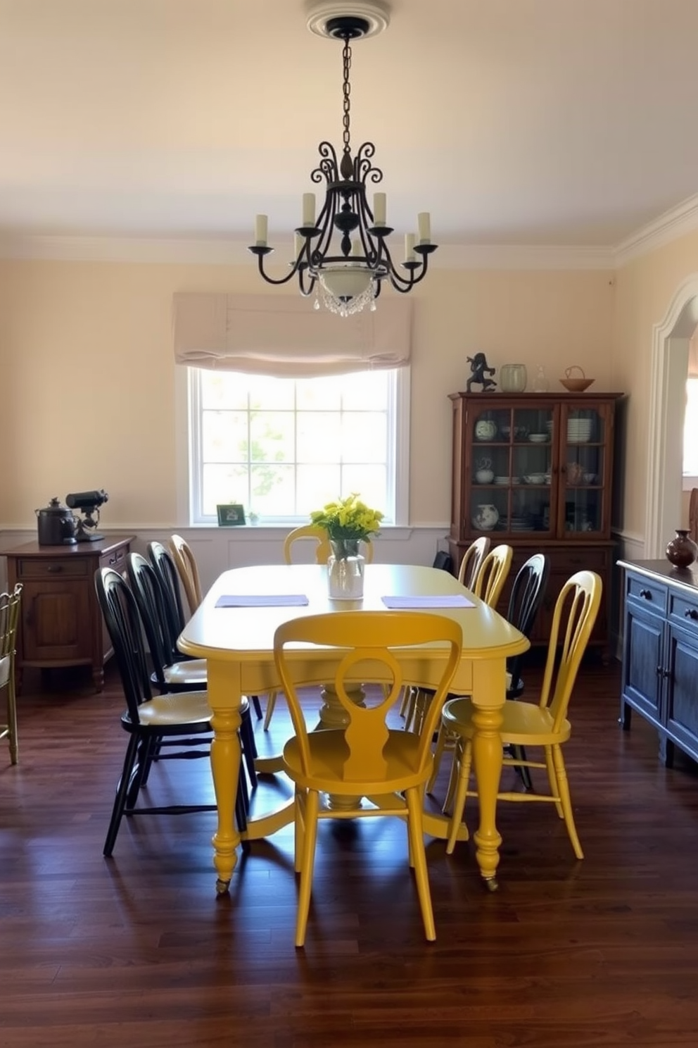 A charming vintage yellow dining set takes center stage in a sunlit dining room. The table is surrounded by mismatched chairs, each with its own unique design, creating an inviting and eclectic atmosphere. The walls are painted in a soft cream hue, enhancing the warmth of the yellow furniture. A vintage chandelier hangs overhead, casting a warm glow over the space, while a large window lets in natural light, showcasing the cheerful decor.