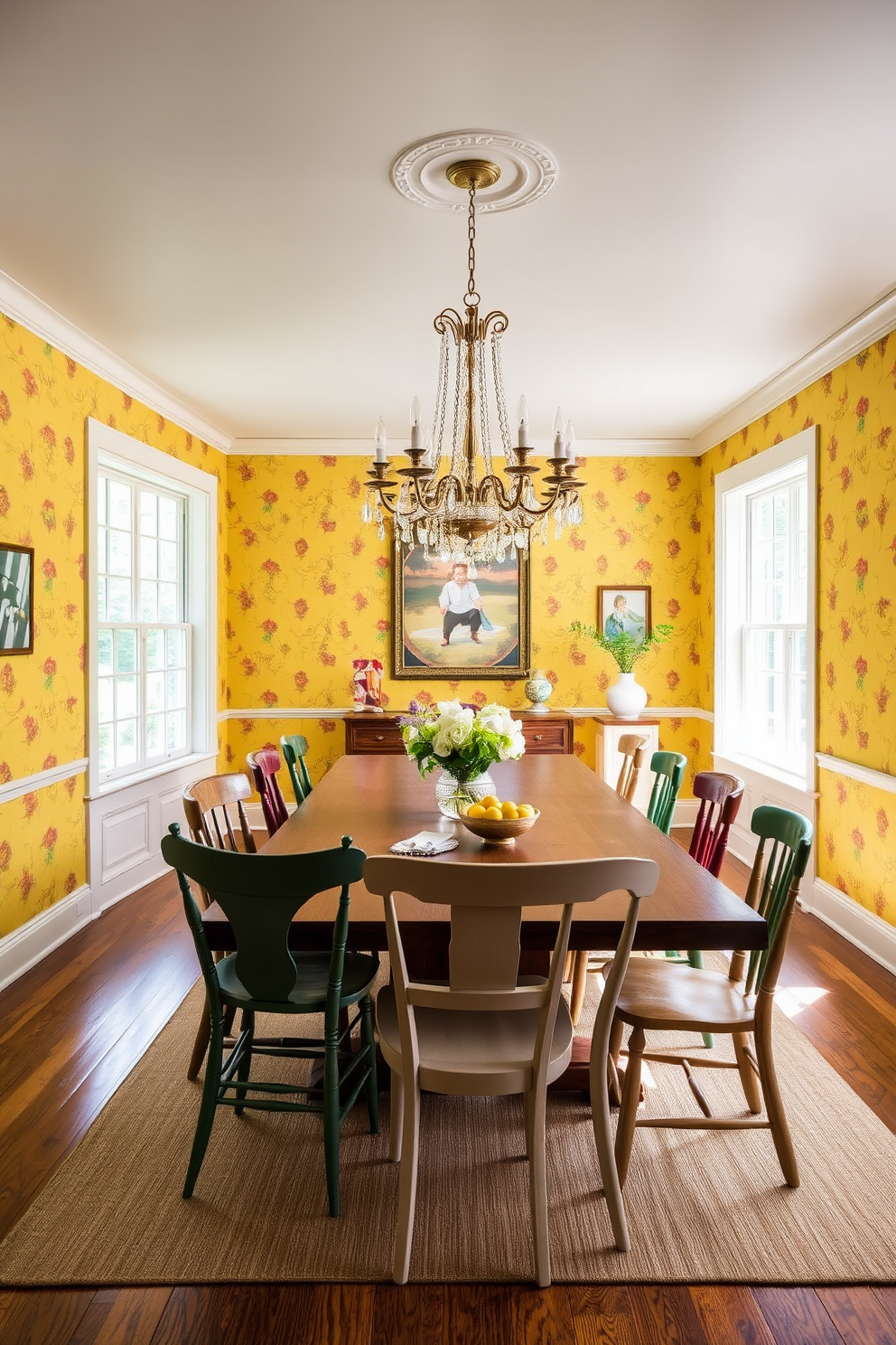 A bright and cheerful dining room features yellow wallpaper adorned with playful patterns, creating a lively atmosphere. The space is complemented by a large wooden dining table surrounded by mismatched chairs that add a touch of whimsy. Natural light floods the room through oversized windows, highlighting the vibrant colors and textures. A statement chandelier hangs above the table, providing an elegant focal point amidst the cheerful decor.