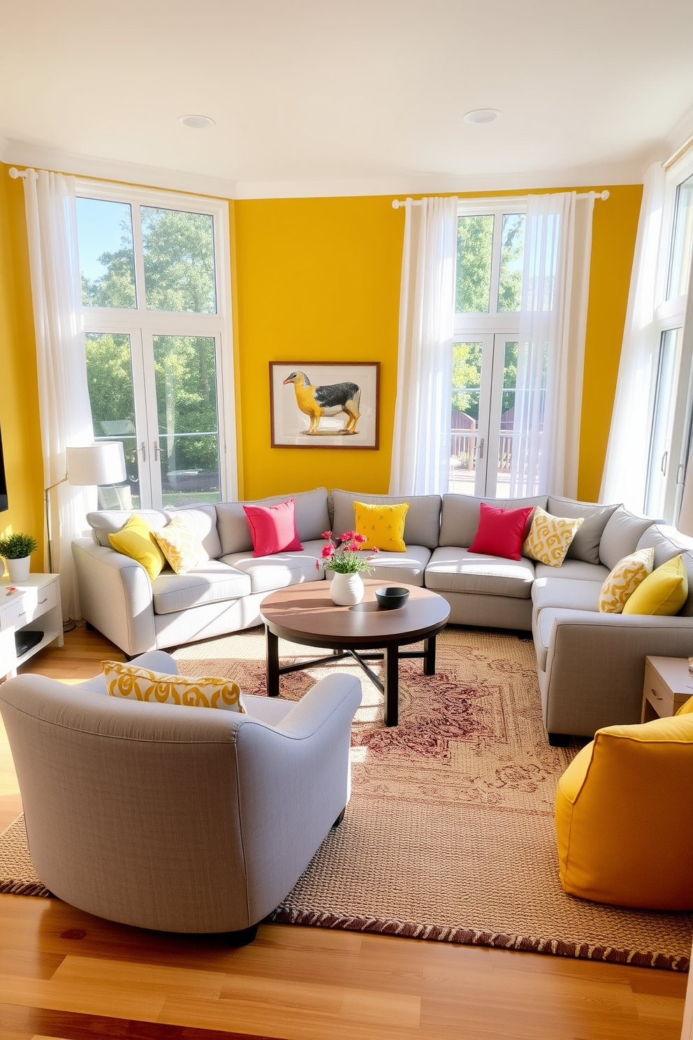 A bright and inviting family room features a sunshine yellow accent wall that adds warmth and energy to the space. The room is furnished with a comfortable sectional sofa in soft gray, complemented by colorful throw pillows that echo the yellow tones. Natural light floods the room through large windows adorned with sheer white curtains. A round coffee table in the center is surrounded by a cozy area rug, creating an inviting atmosphere for family gatherings.