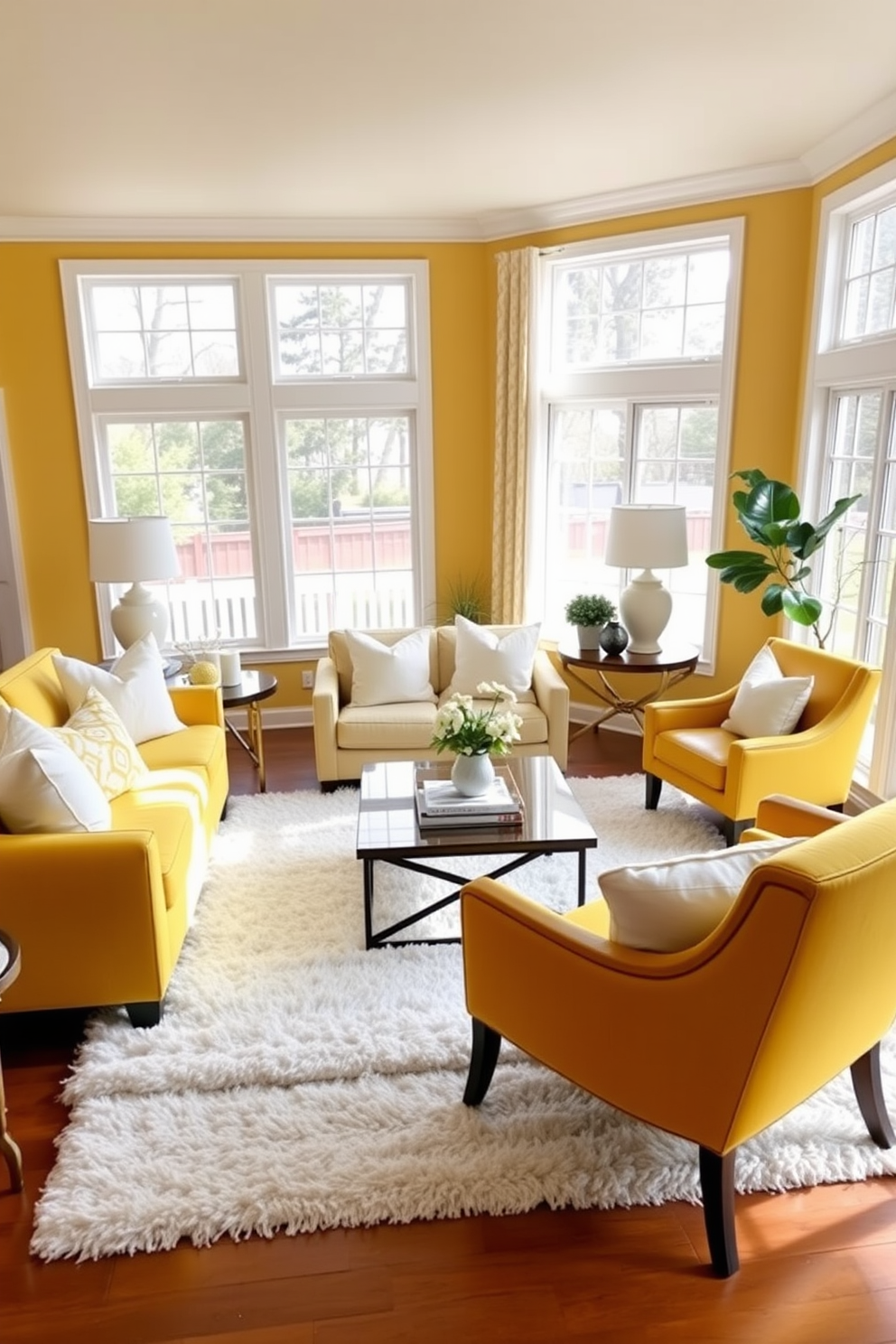 A bright and inviting family room featuring layered yellow and white textiles. The space includes a plush yellow sofa adorned with white throw pillows, complemented by a soft white area rug that anchors the seating area. Large windows allow natural light to flood the room, highlighting the cheerful color scheme. A stylish coffee table sits in the center, surrounded by a mix of yellow and white accent chairs that invite relaxation and conversation.