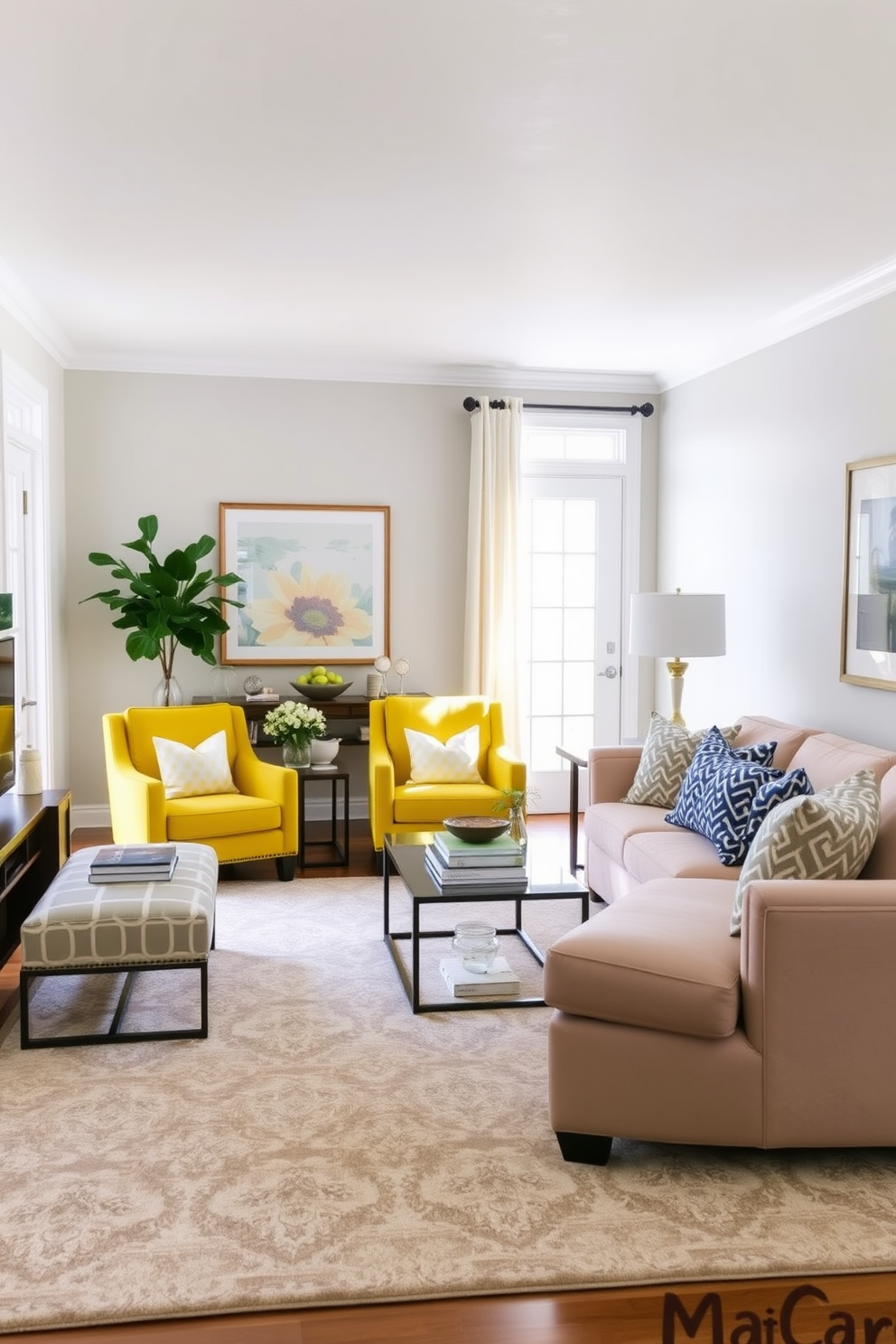 A bright and inviting family room featuring sunny yellow accent chairs that create a striking contrast against soft gray walls. The room is filled with natural light, highlighting a cozy sectional sofa and a large area rug that ties the space together.