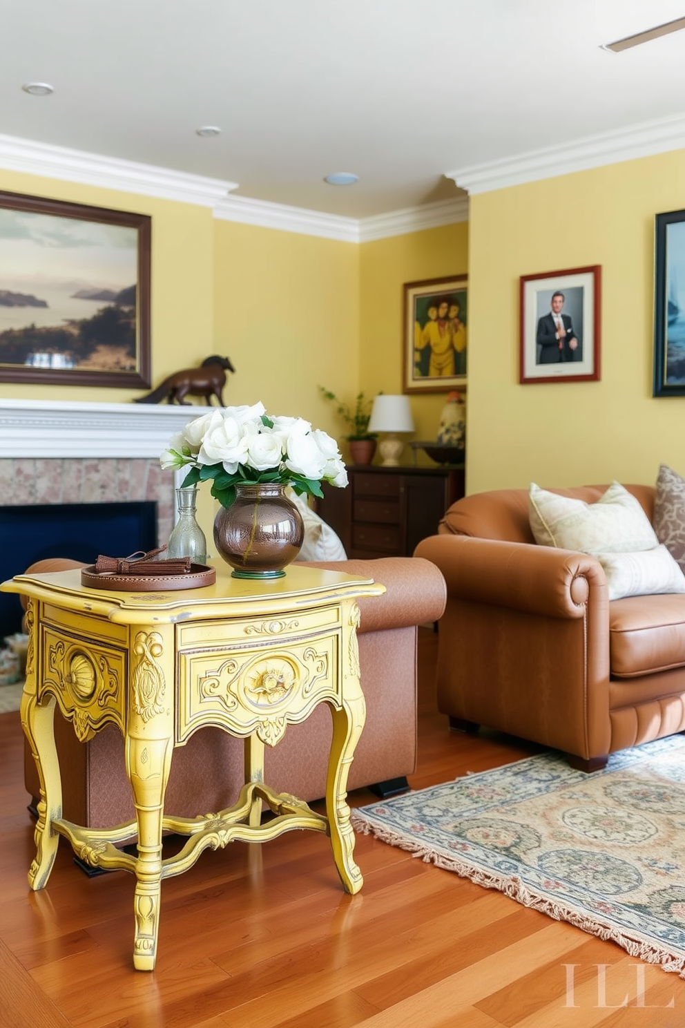 A vintage yellow side table adds a touch of charm to the family room. The table features intricate carvings and a distressed finish, perfectly complementing the warm color palette of the space. The family room is designed with soft yellow walls and cozy seating arrangements. A mix of patterned cushions and a plush area rug enhances the inviting atmosphere, creating a perfect gathering spot for family and friends.