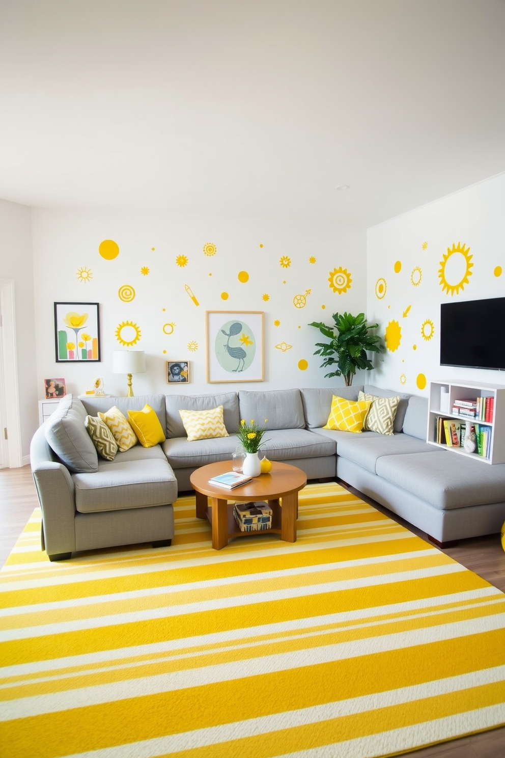 A bright family room filled with playful energy. The walls are adorned with cheerful yellow wall decals featuring whimsical patterns and shapes. A cozy sectional sofa in a soft gray fabric complements the vibrant decor. A large area rug with a mix of yellow and white stripes anchors the seating area, creating a welcoming atmosphere.