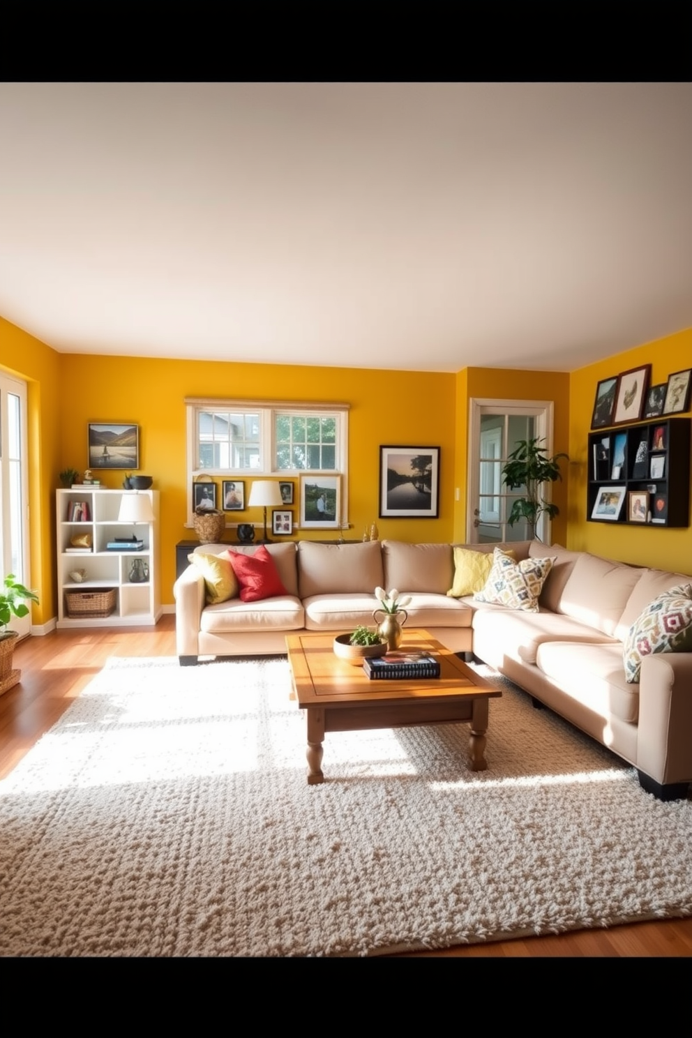 A cozy family room with warm ochre yellow paint on the walls creating an inviting atmosphere. The room features a plush sectional sofa in a neutral tone, paired with a wooden coffee table and colorful throw pillows. Large windows allow natural light to flood the space, highlighting the soft textures of the area rug beneath. A gallery wall adorned with family photos and artwork adds a personal touch to the cheerful environment.