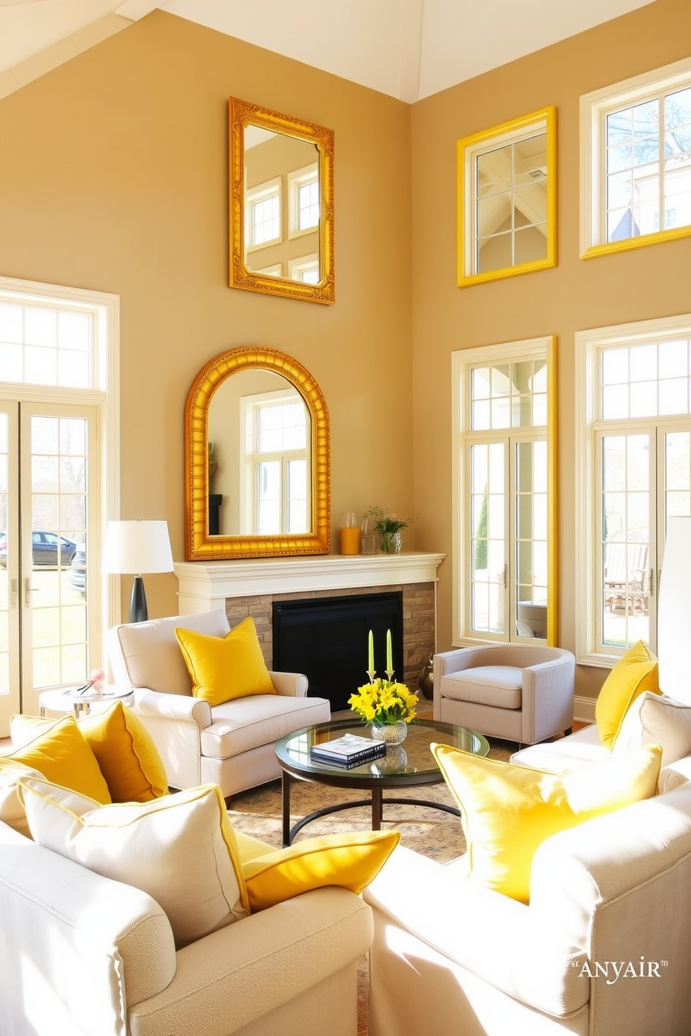 A bright and inviting family room featuring yellow framed mirrors that reflect natural light and enhance the sense of space. The room is adorned with soft, comfortable seating in neutral tones, accented by vibrant yellow throw pillows and a cozy area rug. The walls are painted in a warm beige, creating a welcoming atmosphere that complements the yellow accents. Large windows allow ample sunlight to flood the room, highlighting the cheerful decor and creating a lively yet relaxing environment.