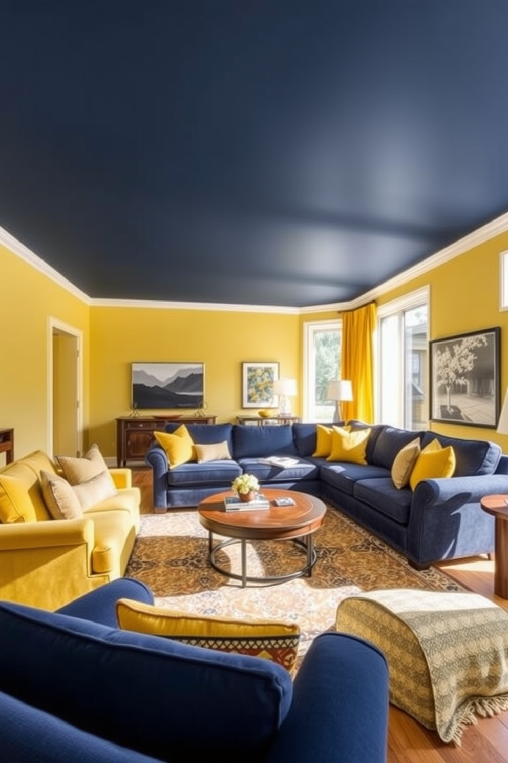 A bright and inviting family room featuring a harmonious blend of yellow and navy blue. The walls are painted a soft yellow, while the furniture showcases rich navy blue upholstery, creating a striking contrast. A large sectional sofa in navy blue is adorned with vibrant yellow throw pillows. A round coffee table with a wooden top sits in the center, complemented by a patterned area rug that incorporates both colors. Floor-to-ceiling windows allow natural light to flood the space, enhancing the cheerful atmosphere. Decorative elements like yellow curtains and navy blue artwork add personality to the room.