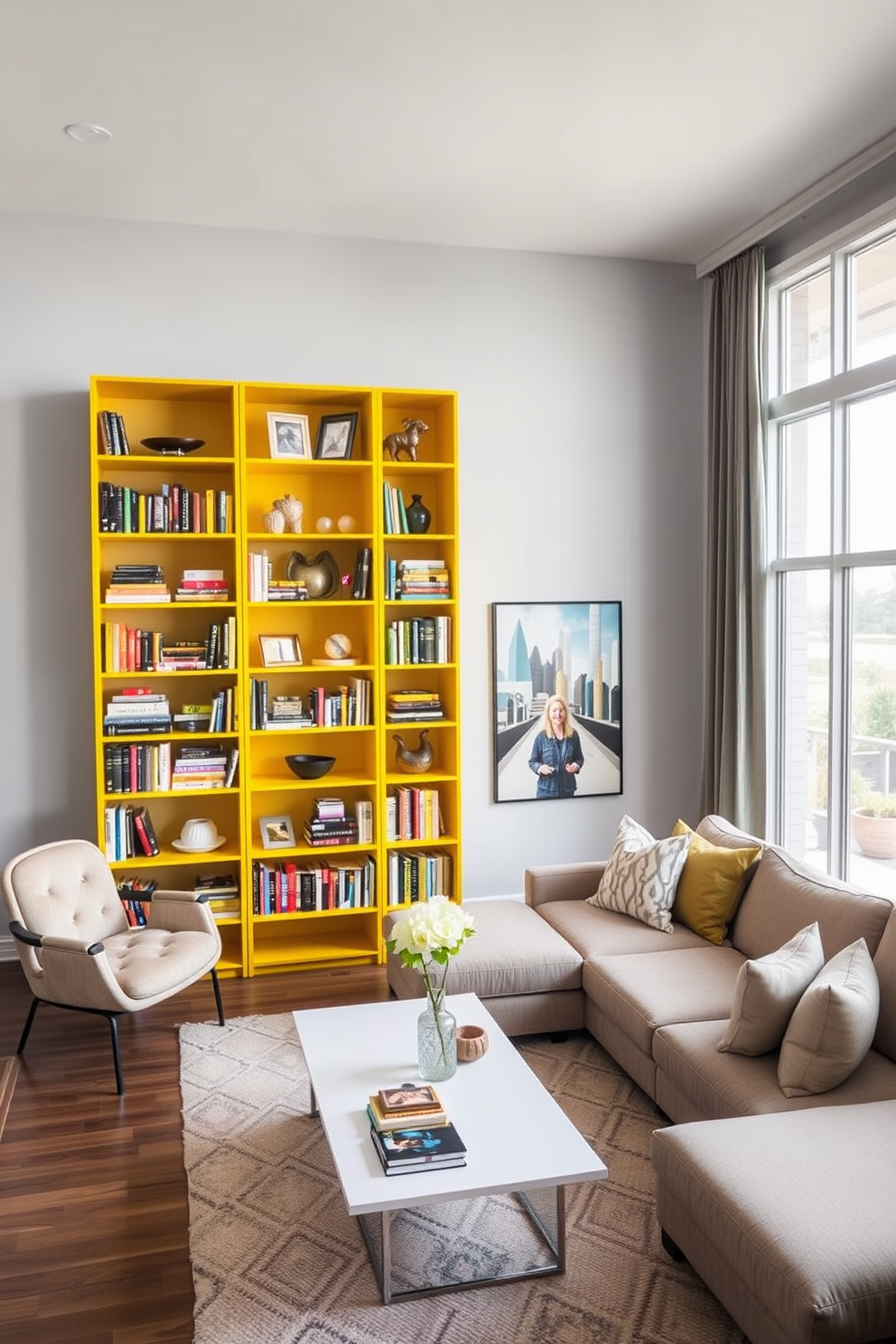 A bright yellow bookshelf stands against the wall, filled with an array of colorful books and decorative items. The vibrant color adds a cheerful focal point to the room, complementing the light gray walls. In the family room, a cozy sectional sofa in neutral tones surrounds a sleek coffee table. Large windows allow natural light to flood the space, creating an inviting atmosphere for family gatherings.