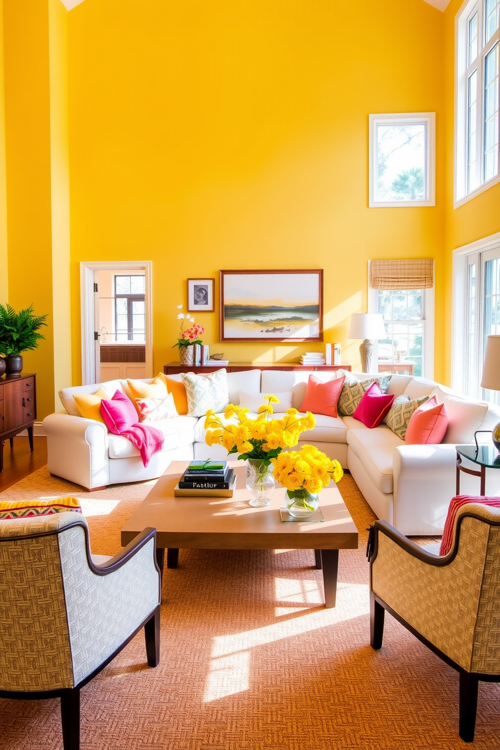 A vibrant family room filled with natural light. The walls are painted in a soft yellow hue, complemented by a plush white sectional sofa adorned with colorful throw pillows. A large coffee table sits at the center, surrounded by a pair of stylish accent chairs. Fresh yellow floral arrangements are placed on the table, adding a lively touch to the space.