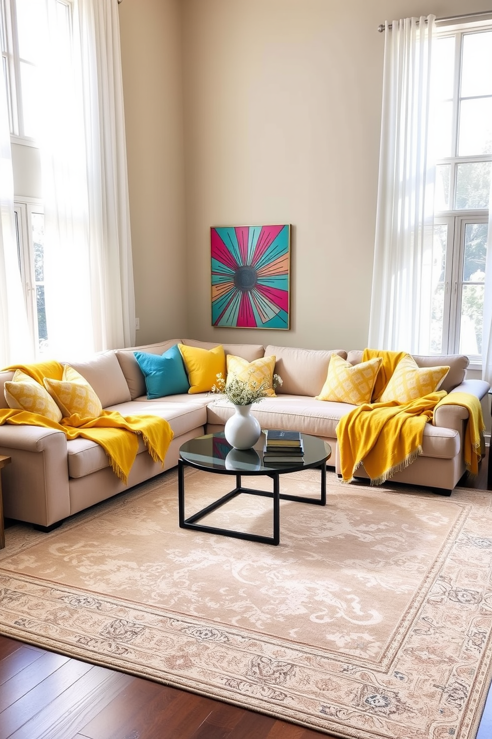 A cozy family room filled with citrus yellow throw blankets draped over a plush sectional sofa. The walls are painted in a soft beige, complemented by bright yellow accent pillows and a large area rug that ties the room together. Natural light floods the space through large windows adorned with sheer white curtains. A stylish coffee table sits in the center, surrounded by vibrant artwork that adds a playful touch to the overall design.