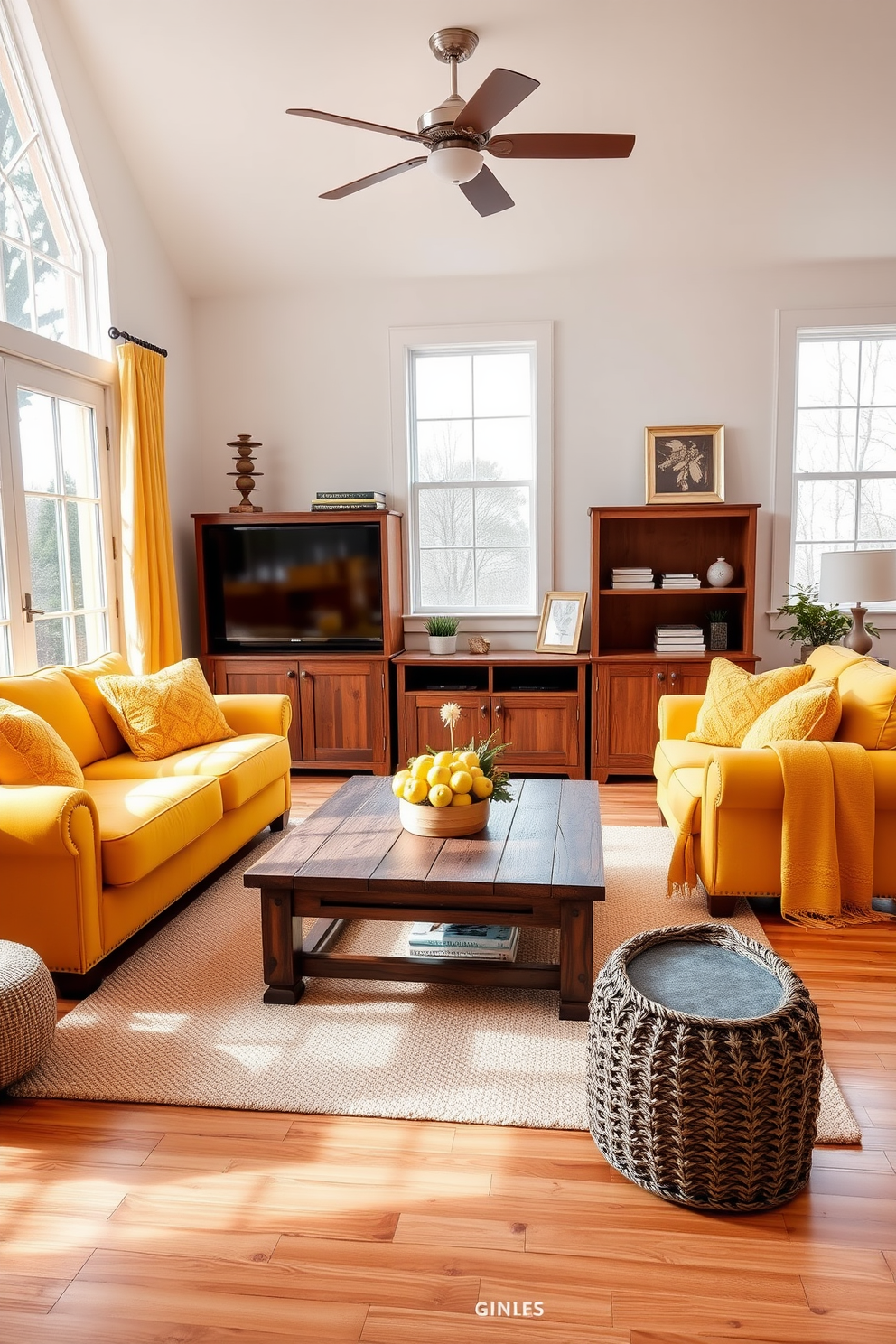 A bright and inviting family room featuring a harmonious blend of yellow and wooden furniture. The space includes a plush yellow sofa paired with a rustic wooden coffee table, creating a warm and welcoming atmosphere. Large windows allow natural light to flood the room, highlighting the cheerful yellow accents in the decor. A wooden entertainment unit stands against one wall, complemented by yellow decorative pillows and throws that enhance the cozy feel.