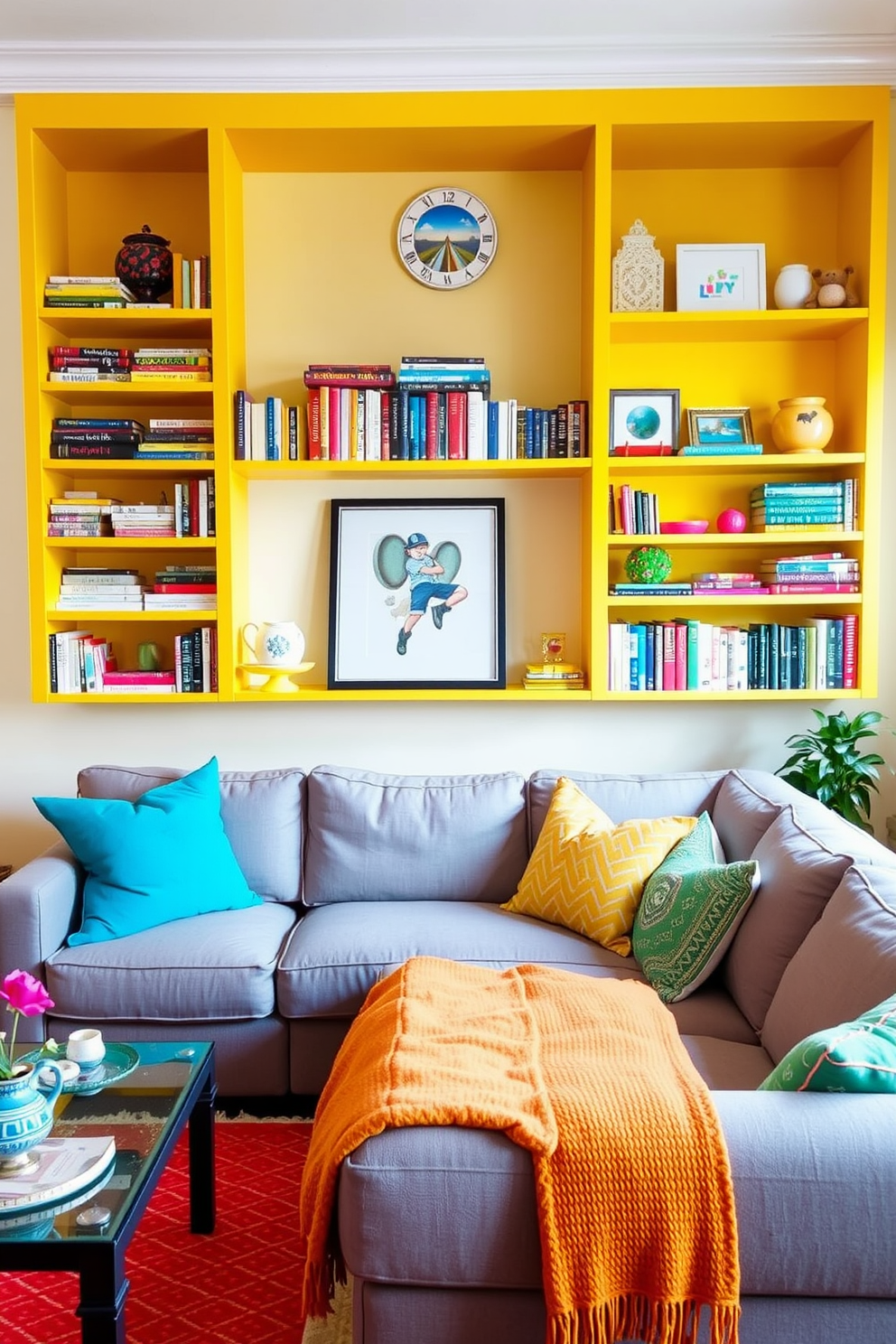 A bright family room featuring sunny yellow wall-mounted shelves that are filled with an array of colorful books and decorative items. The room is adorned with a cozy sectional sofa in soft gray, complemented by vibrant throw pillows that enhance the cheerful atmosphere.