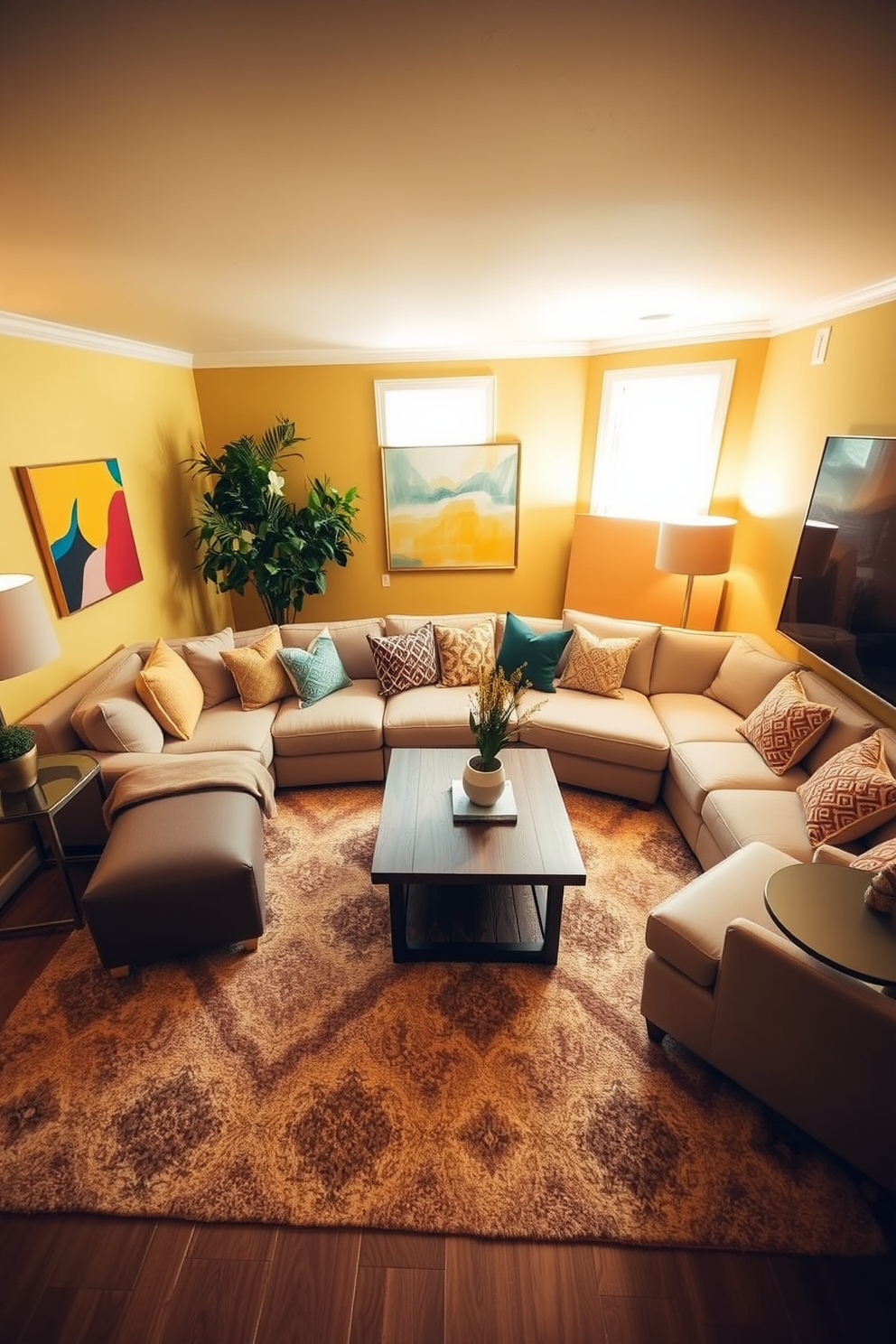 A cozy family room bathed in warm yellow lighting. The space features a plush sectional sofa adorned with colorful throw pillows and a large area rug that adds texture. On the walls, artwork in cheerful tones complements the inviting atmosphere. A wooden coffee table sits at the center, surrounded by stylish side tables and soft, ambient lighting.