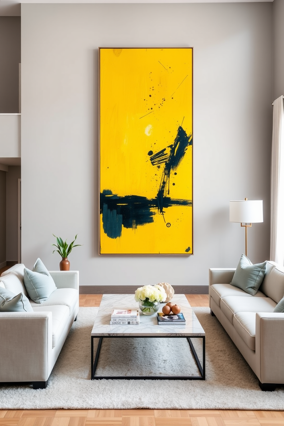 A bright family room featuring a large piece of vibrant yellow artwork as the focal point. The walls are painted in a soft gray to enhance the brightness, and plush seating in neutral tones surrounds a modern coffee table.