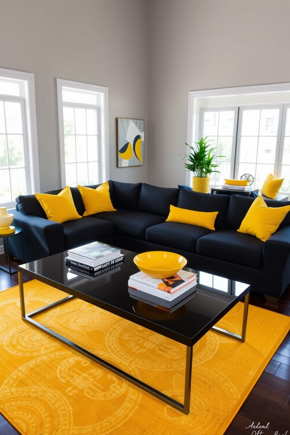 A contemporary family room featuring vibrant yellow and sleek black decor accents. The walls are painted a soft gray, providing a neutral backdrop for bold yellow throw pillows on a black sectional sofa. A stylish coffee table with a glossy black finish sits in the center, adorned with a yellow decorative bowl and a stack of art books. Large windows allow natural light to flood the space, highlighting a yellow area rug that adds warmth to the dark hardwood floor.