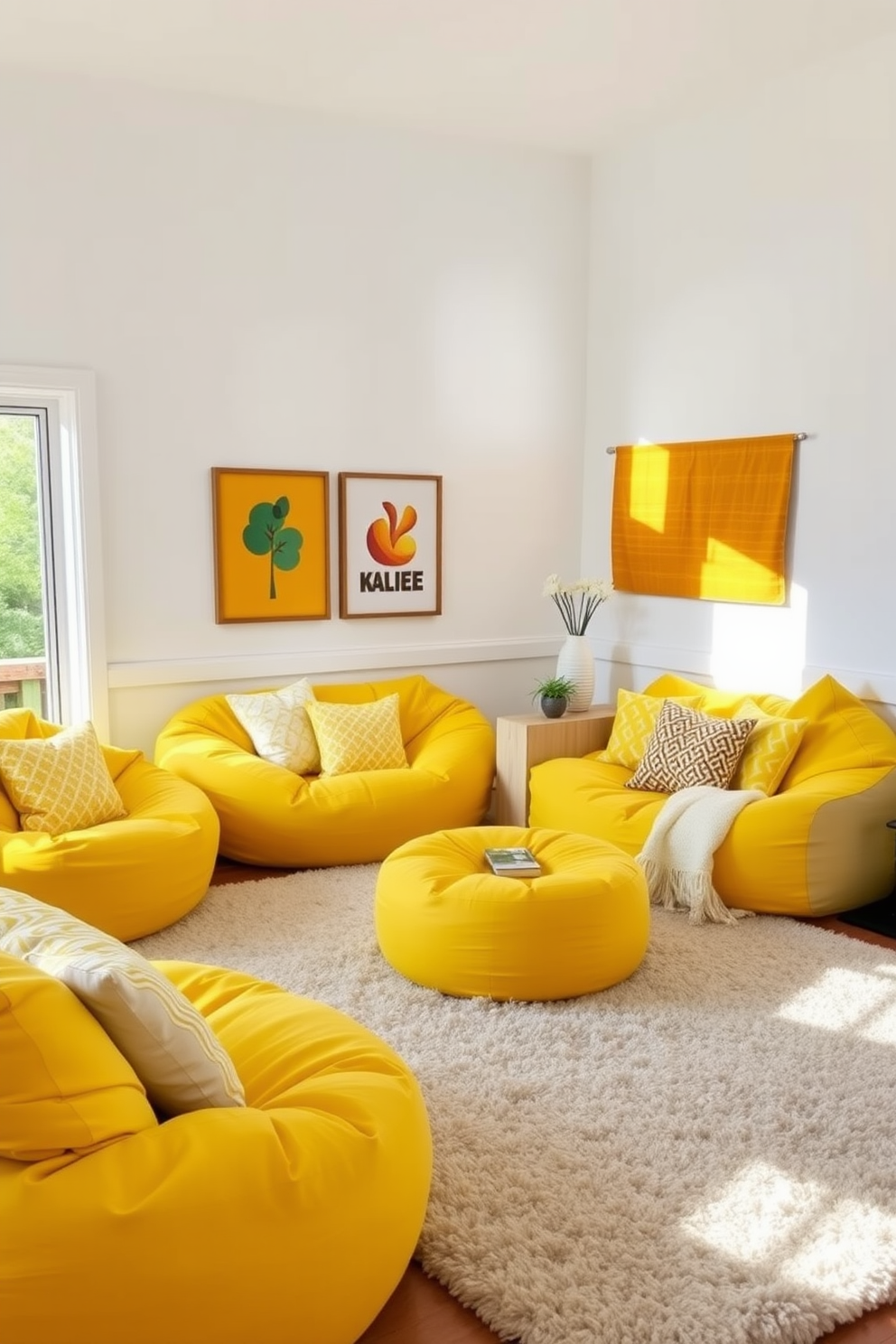 Cheerful yellow bean bags are scattered throughout a cozy family room, providing casual seating that invites relaxation and fun. The walls are painted in a soft white, complementing the vibrant yellow of the bean bags and allowing natural light to fill the space. A large, plush area rug in a neutral tone anchors the seating arrangement, creating a warm and inviting atmosphere. Decorative throw pillows in various patterns and shades of yellow add an extra pop of color, enhancing the cheerful vibe of the room.