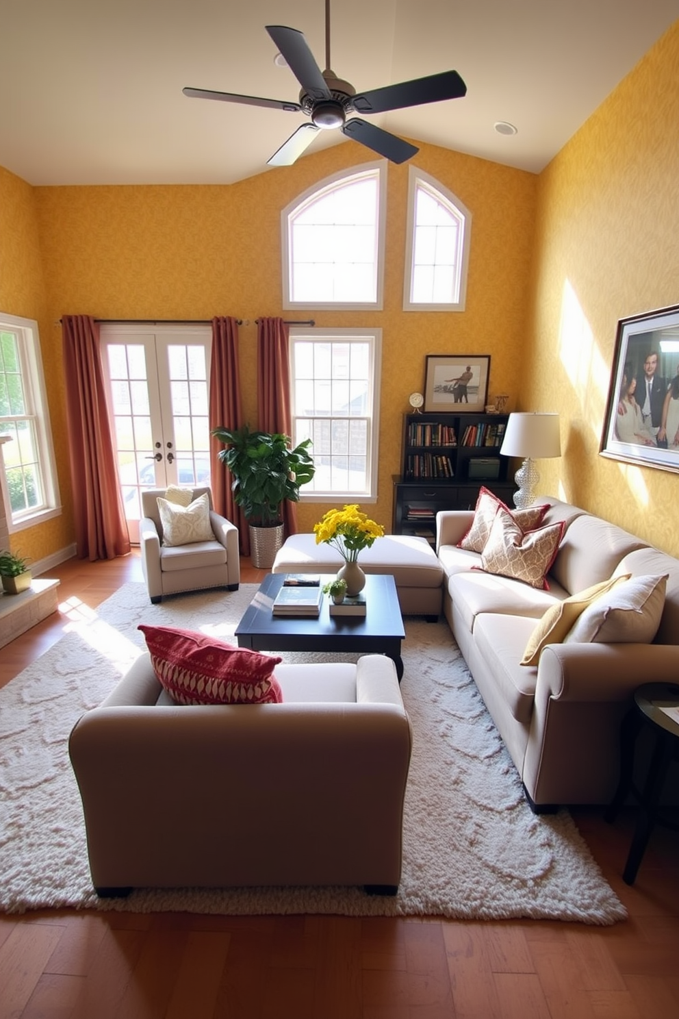 A cozy family room featuring yellow patterned wallpaper that adds a vibrant texture to the space. The room is filled with comfortable furniture, including a plush sectional sofa and a large coffee table, creating an inviting atmosphere for gatherings. Natural light pours in through large windows, illuminating the cheerful decor. Accent pillows in complementary colors and a soft area rug tie the room together, enhancing the warm and welcoming feel.