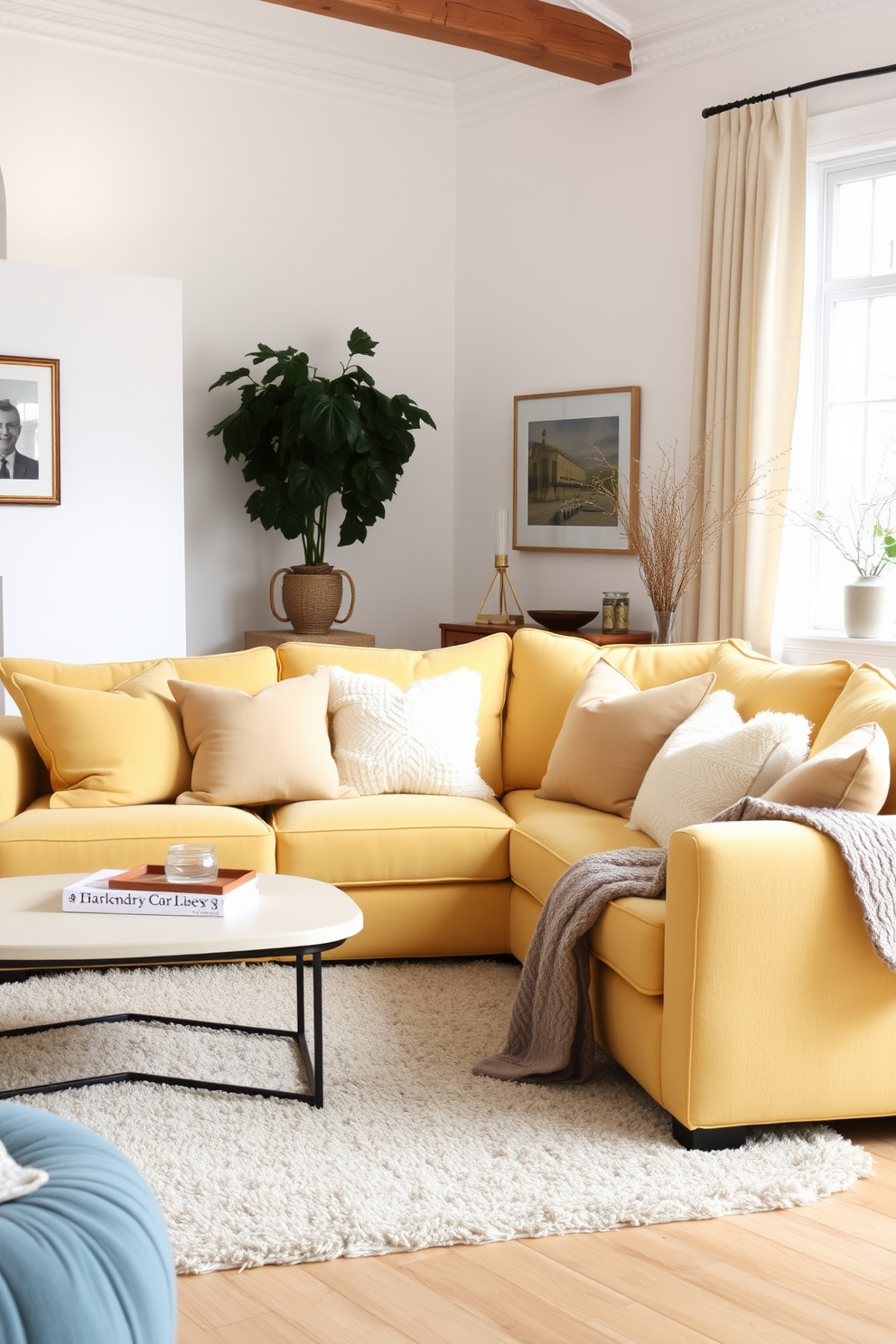 Soft buttery yellow sofa with plush cushions creates a warm and inviting atmosphere in the family room. The walls are painted in a soft white, enhancing the brightness of the space, while a cozy area rug anchors the seating arrangement.