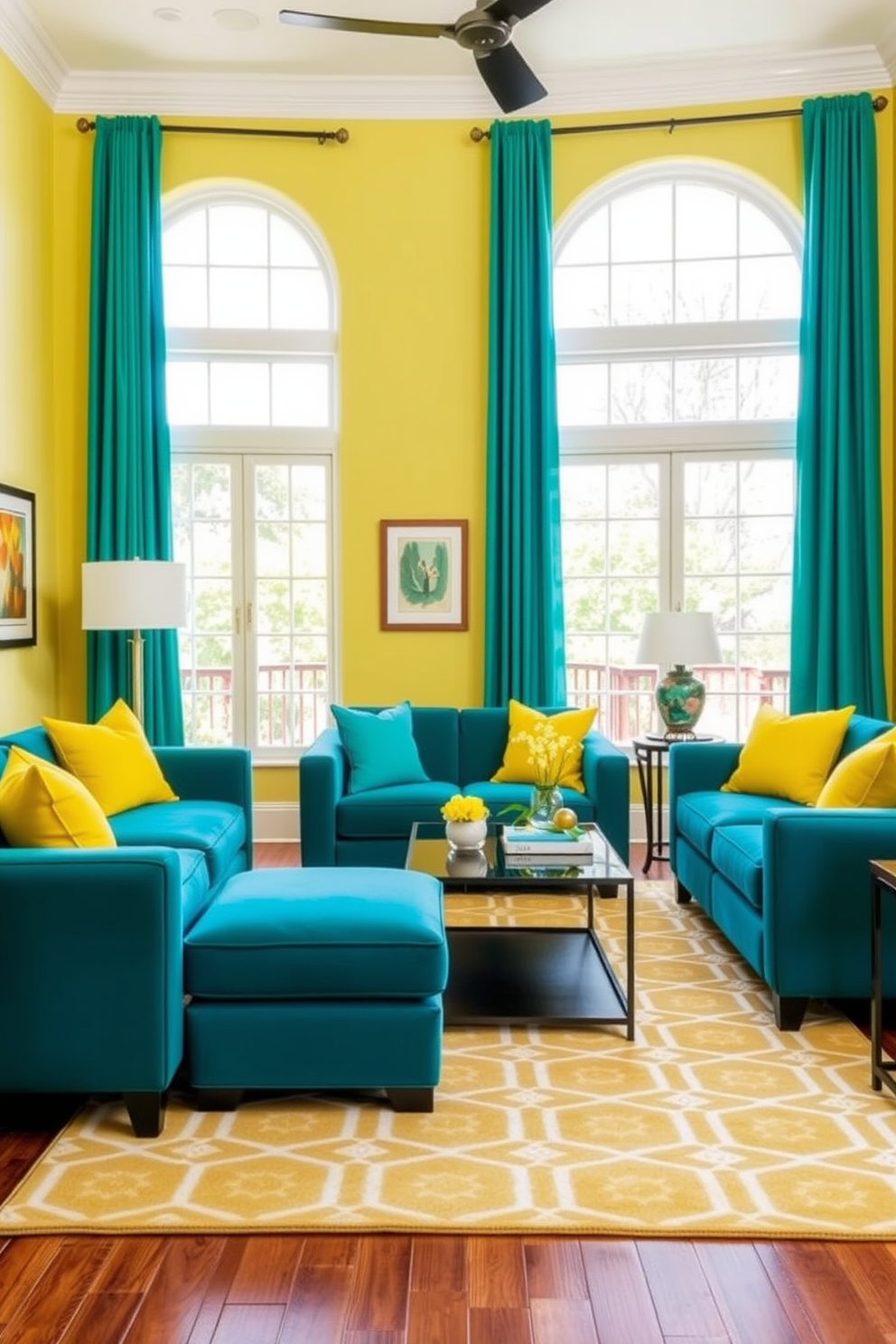 A vibrant family room featuring yellow and teal color contrast accents. The walls are painted a soft yellow, while plush teal sofas invite relaxation around a contemporary coffee table. Bright yellow throw pillows add a pop of color to the furniture, complemented by teal curtains that frame large windows. A stylish area rug with geometric patterns ties the space together, enhancing the lively atmosphere.